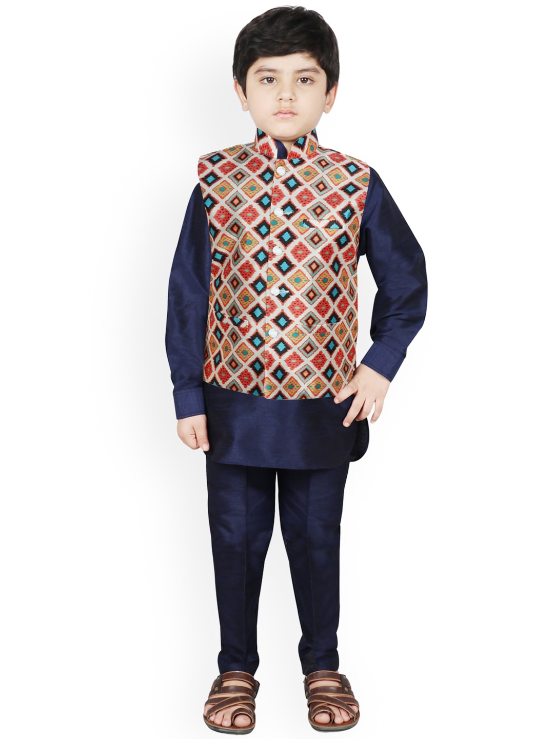 

SG YUVRAJ Boys Cream-Coloured Floral Layered Raw Silk Kurti with Pyjamas