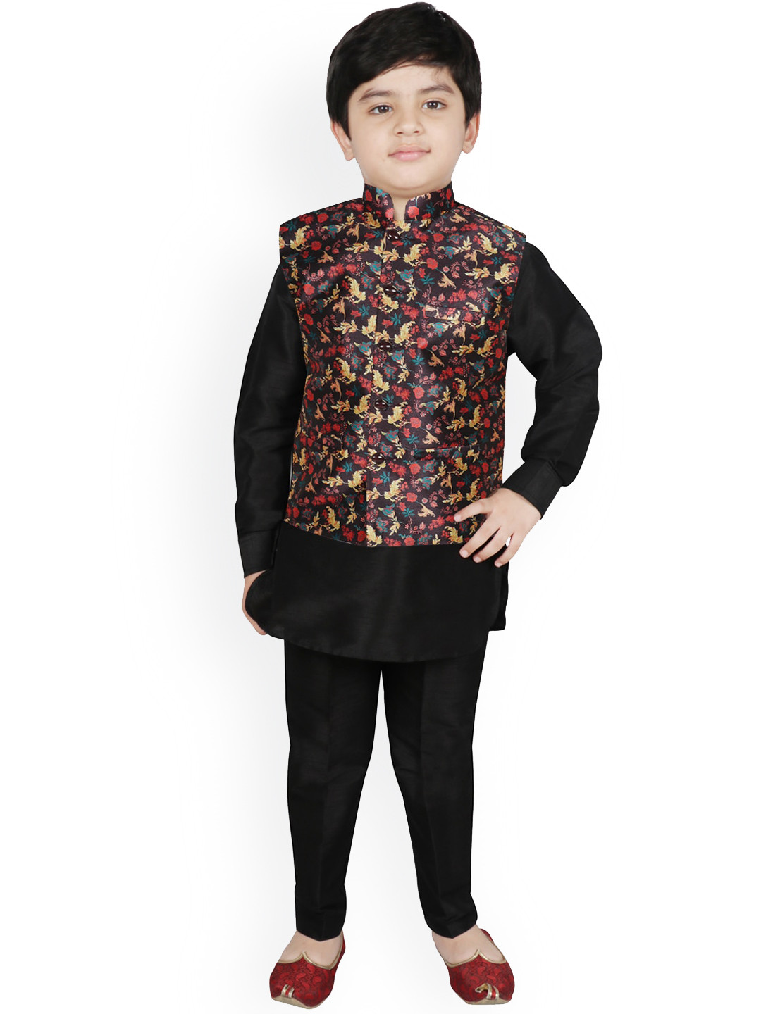 

SG YUVRAJ Boys Black Floral Layered Raw Silk Kurta with Pyjamas