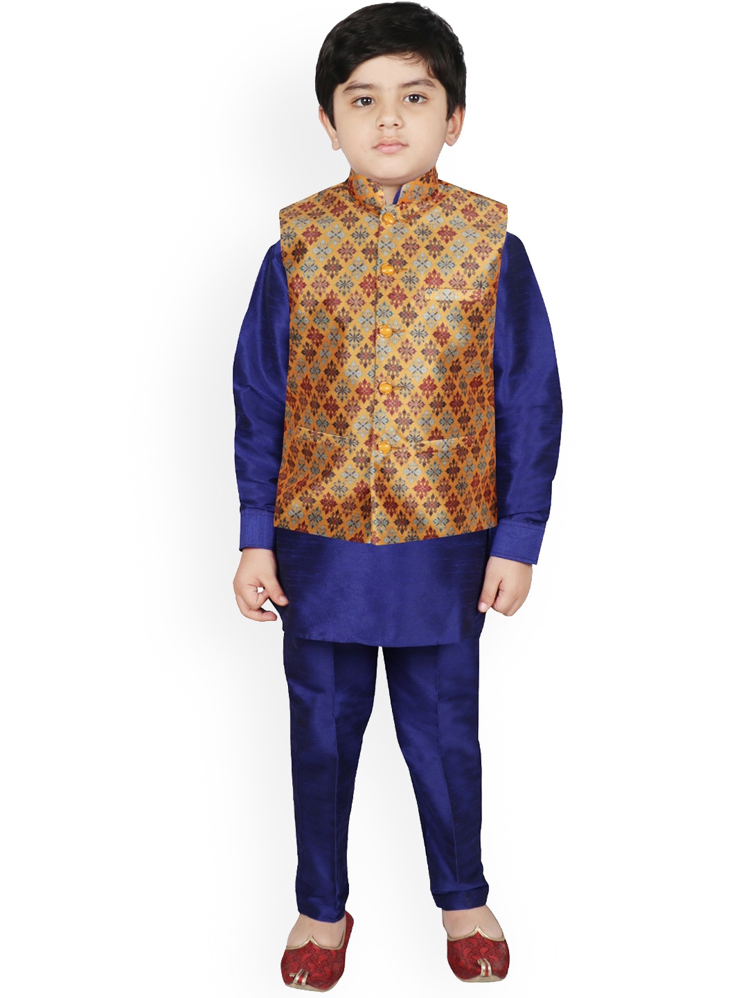 

SG YUVRAJ Boys Yellow Layered Raw Silk Kurti with Pyjamas