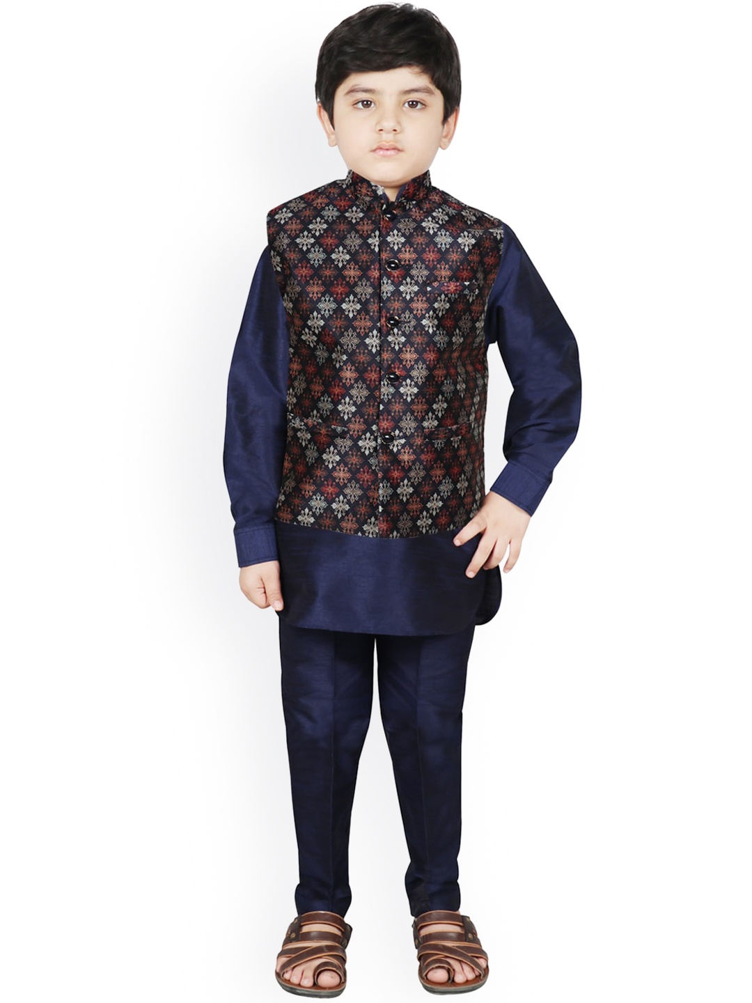 

SG YUVRAJ Boys Navy Blue Floral Layered Raw Silk Kurta with Pyjamas