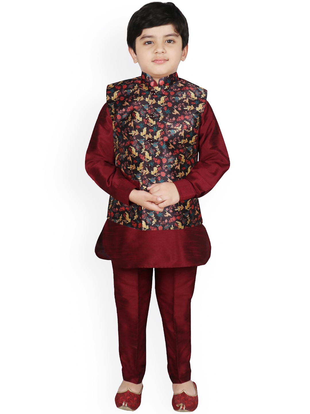 

SG YUVRAJ Boys Black Floral Layered Raw Silk Kurti with Pyjamas
