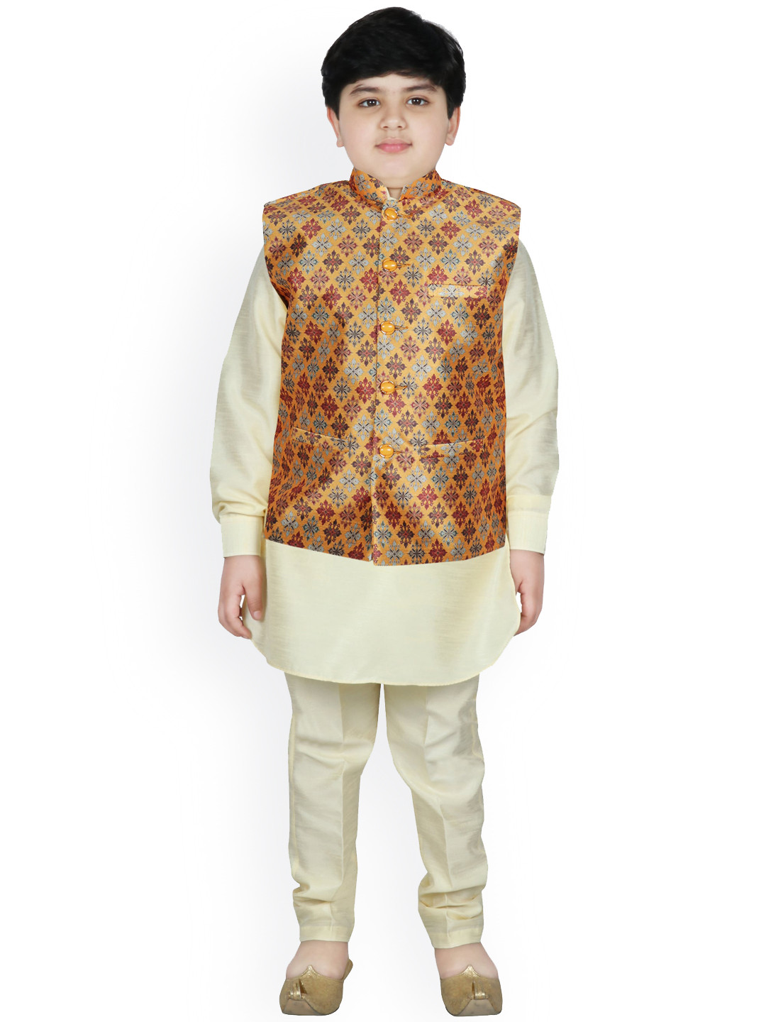 

SG YUVRAJ Boys Yellow Layered Raw Silk Kurta with Pyjamas