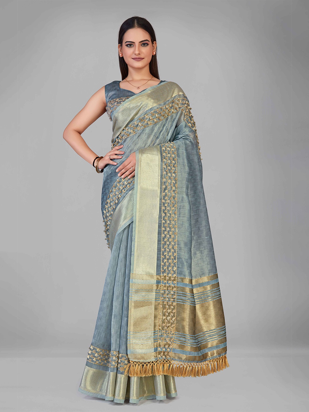 

MANOHARI Blue & Golden Woven Design Zari Silk Cotton Chanderi Saree