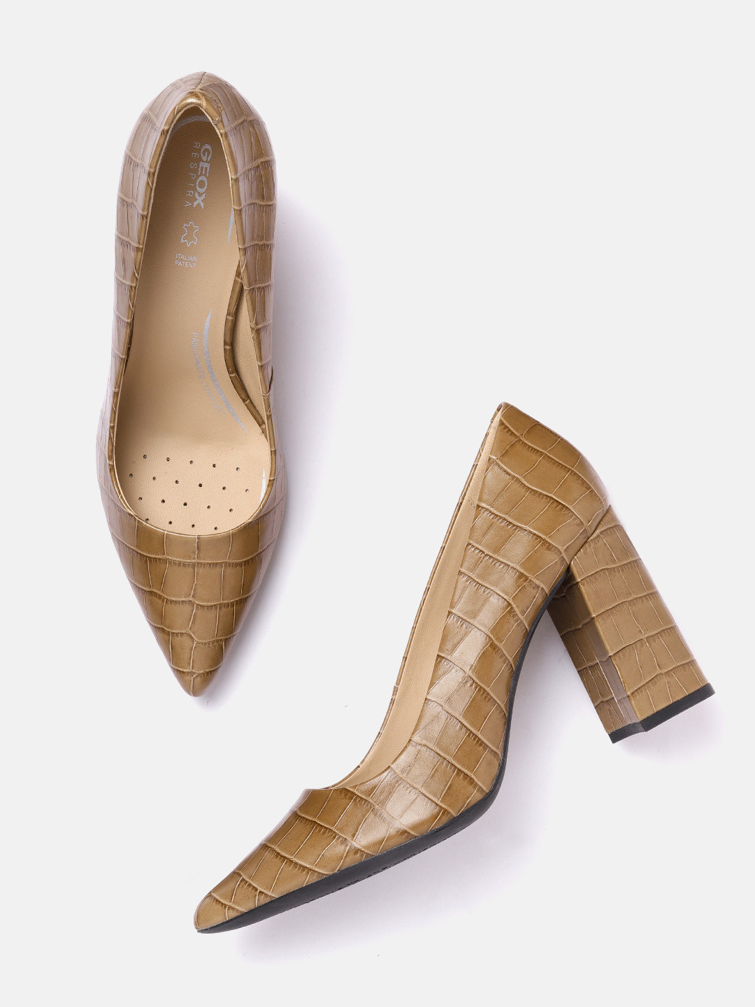 

Geox Brown Textured Leather Block Pumps