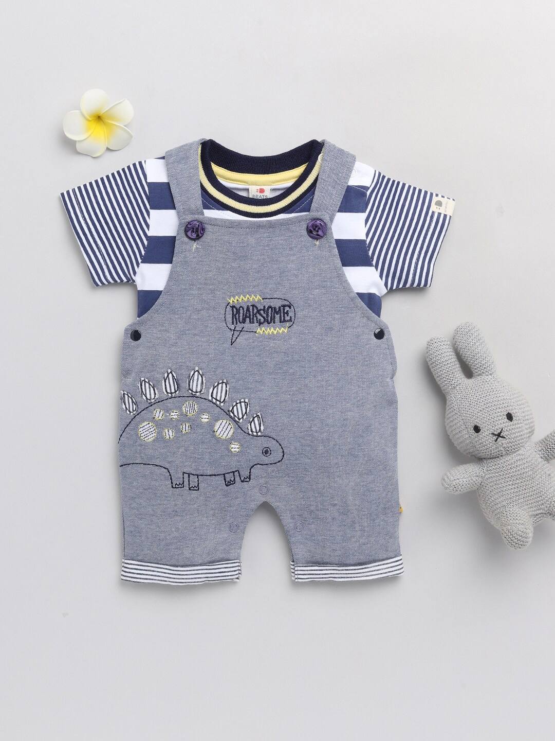 

BRATS AND DOLLS Infant Boys Grey Printed Cotton Dungarees With T-shirt