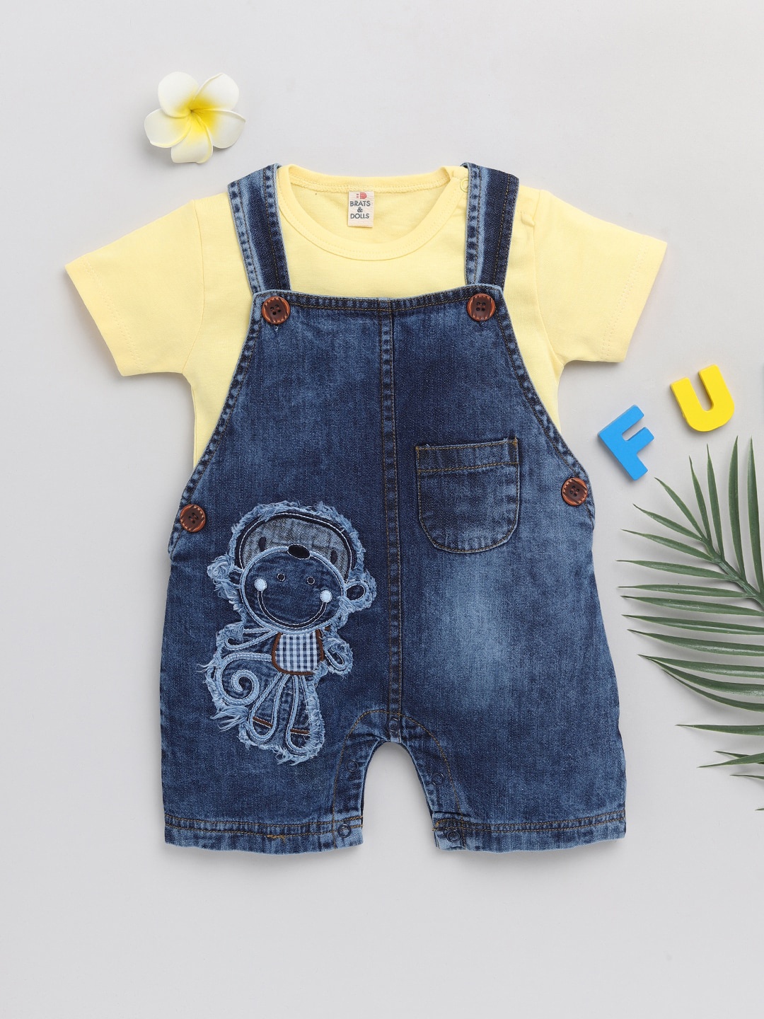 

BRATS AND DOLLS Pure Cotton & Printed Dungarees For Kids, Yellow