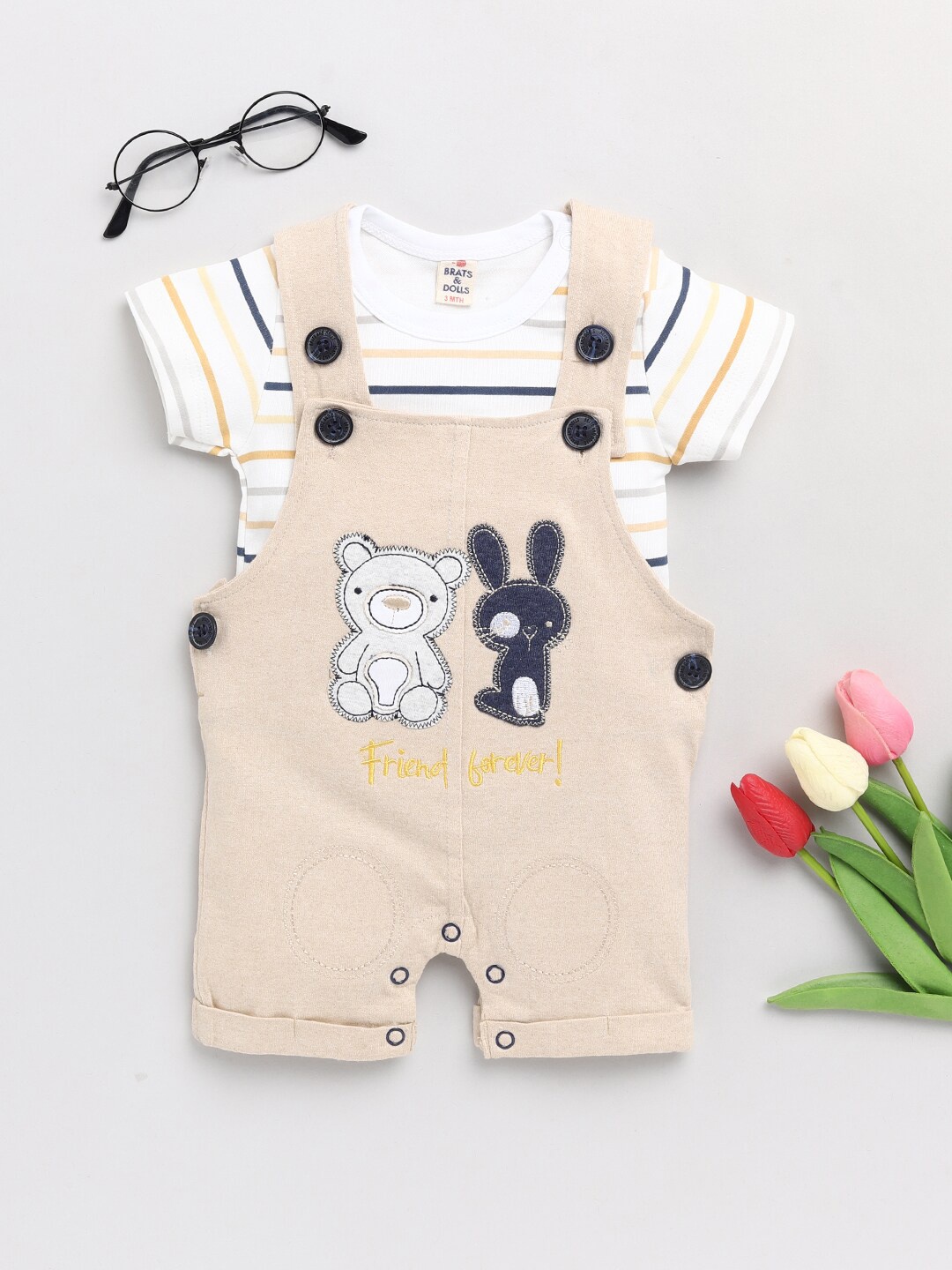 

BRATS AND DOLLS Infant Boys Cream & White Striped & Applique Cotton Dungarees with Top