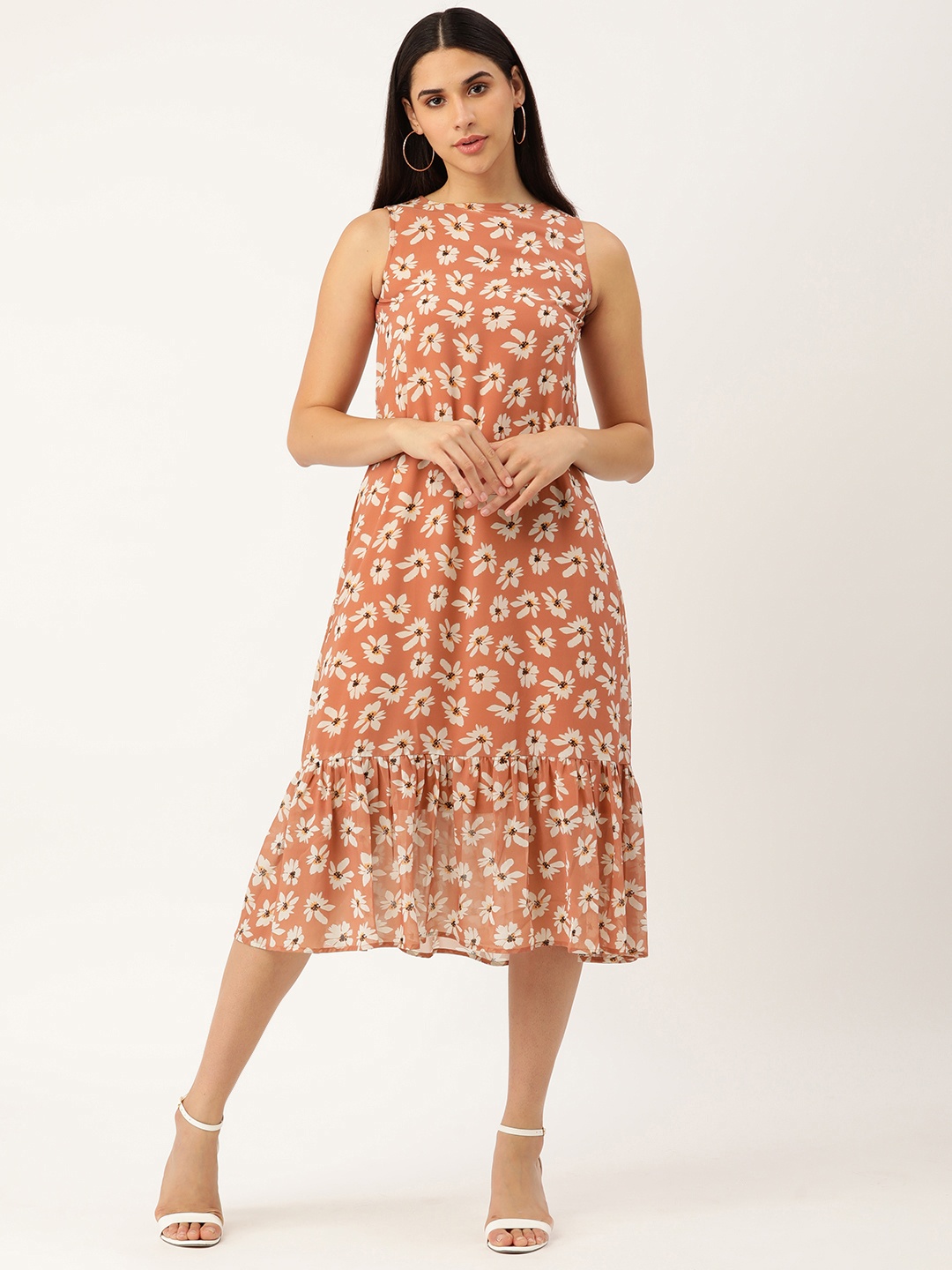 

MELOSO Peach-Coloured & White Floral Printed A-Line Midi Dress