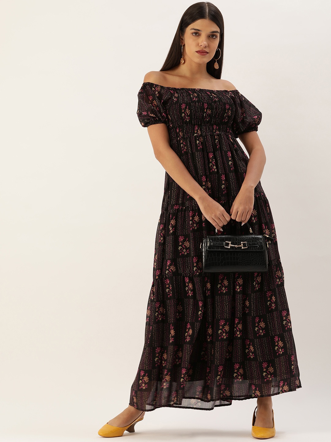 

MELOSO Black & Pink Ethnic Motifs Off-Shoulder Maxi Dress