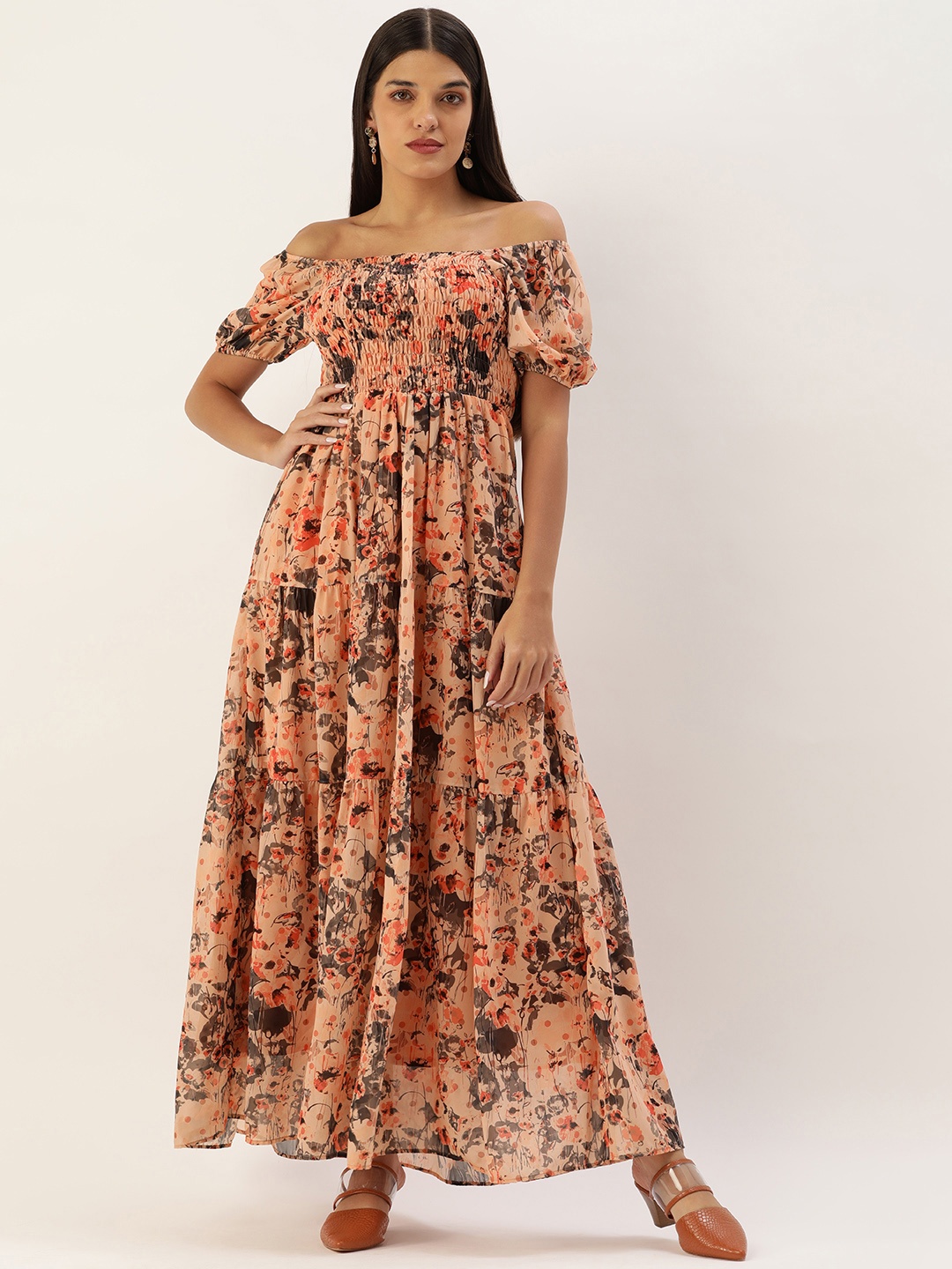 

MELOSO Peach-Coloured & Grey Floral Off-Shoulder Georgette Maxi Dress