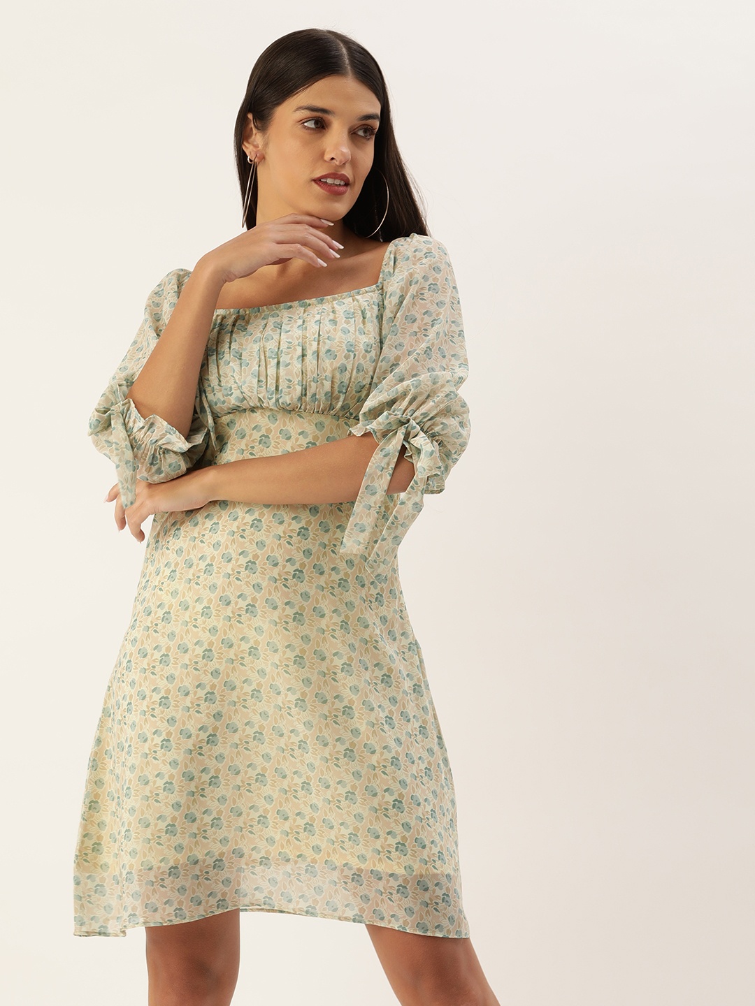

MELOSO Sea Green & Beige Floral Georgette Dress