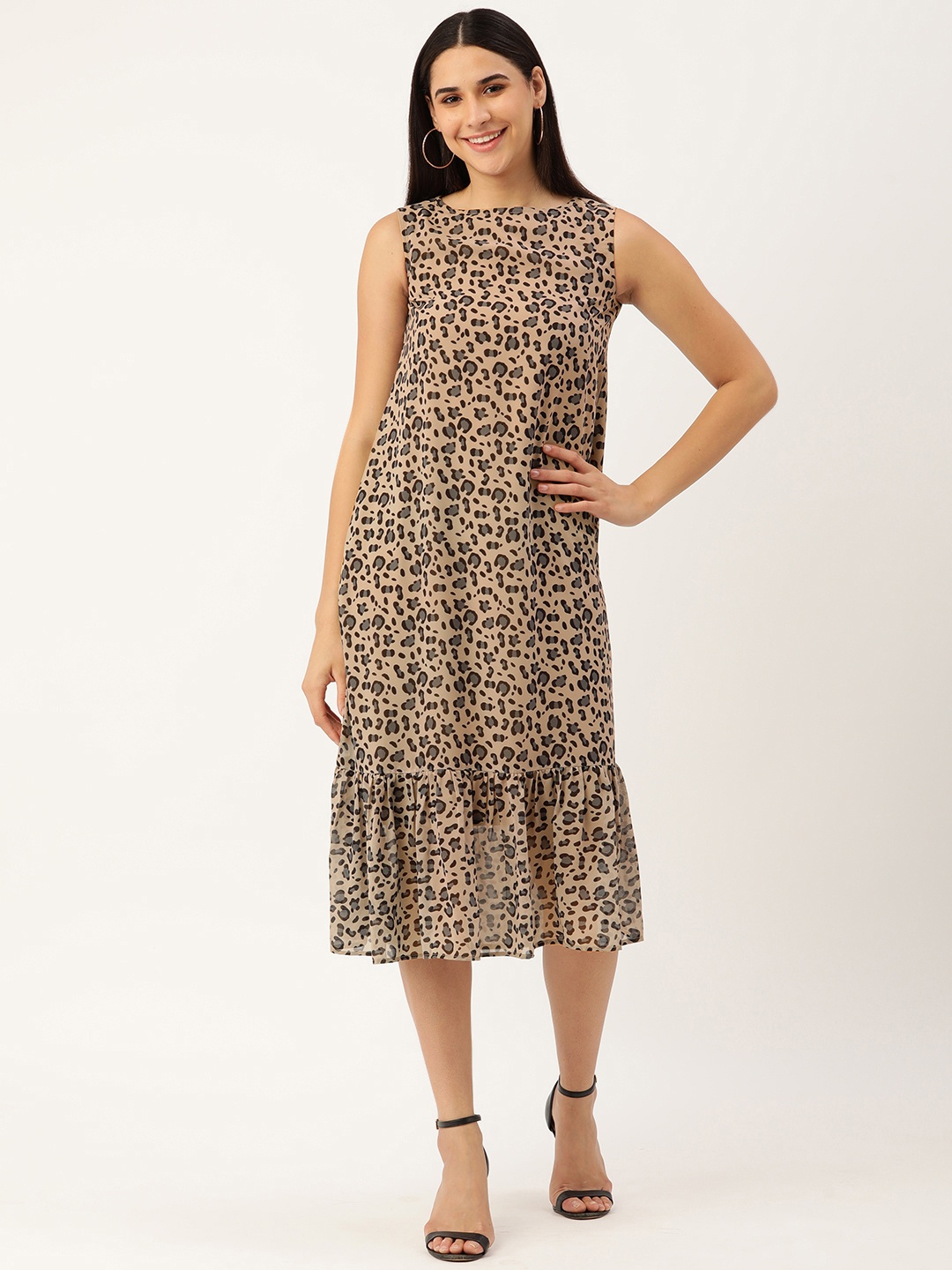 

MELOSO Beige & Black Animal Print A-Line Midi Dress