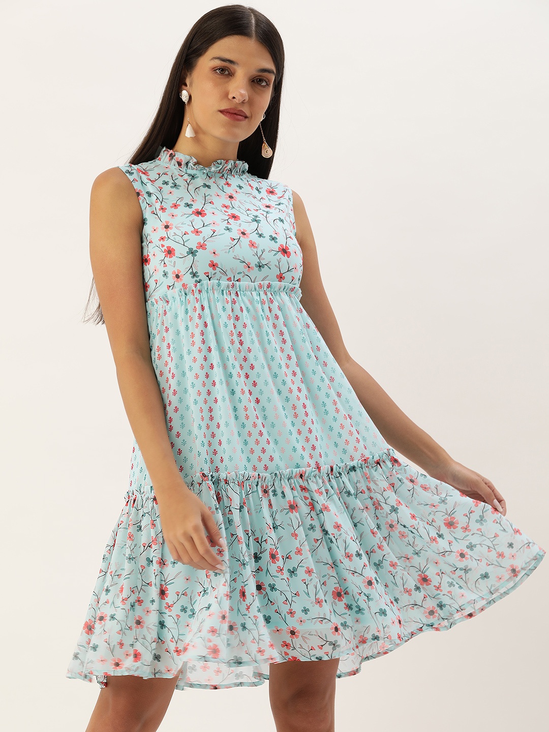 

MELOSO Sea Green & Red Floral Georgette Dress