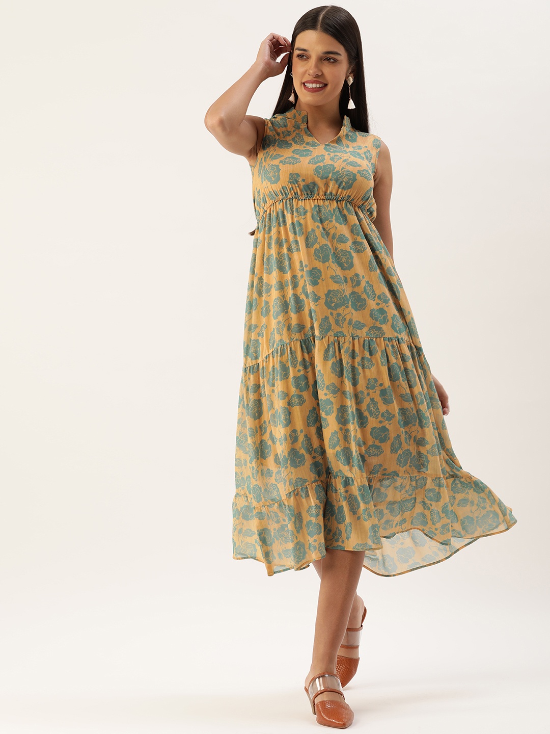 

MELOSO Mustard Brown & Teal Green Floral A-Line Midi Dress