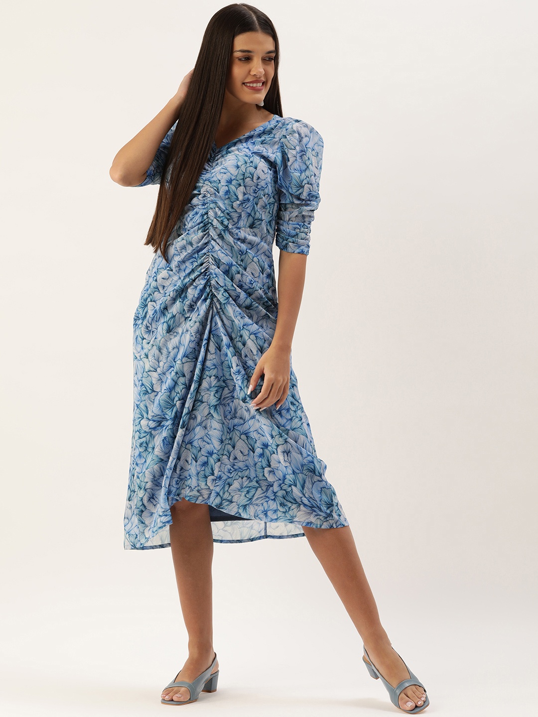 

MELOSO Blue & White Abstract Print A-Line Midi Dress