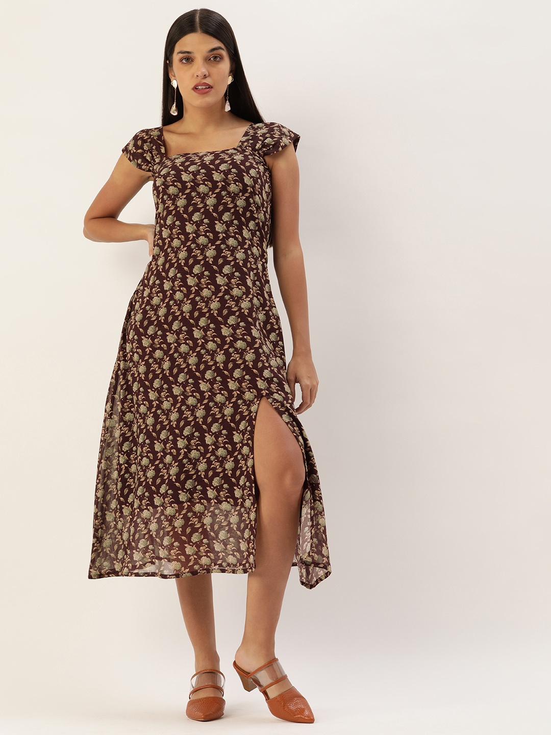 

MELOSO Purple & Olive Green Floral Georgette A-Line Midi Dress