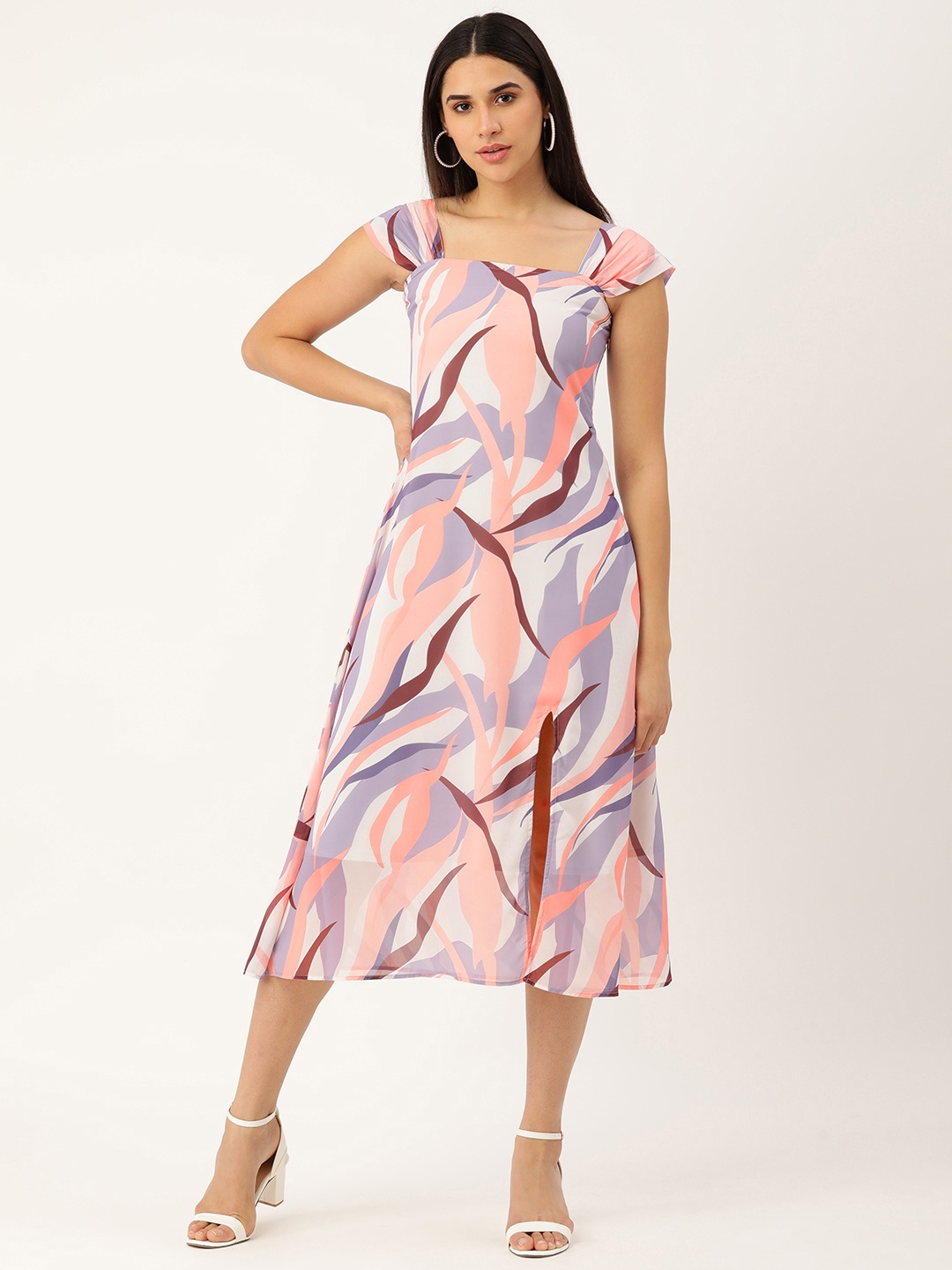 

MELOSO White & Lavender Tropical Print A-Line Midi Dress