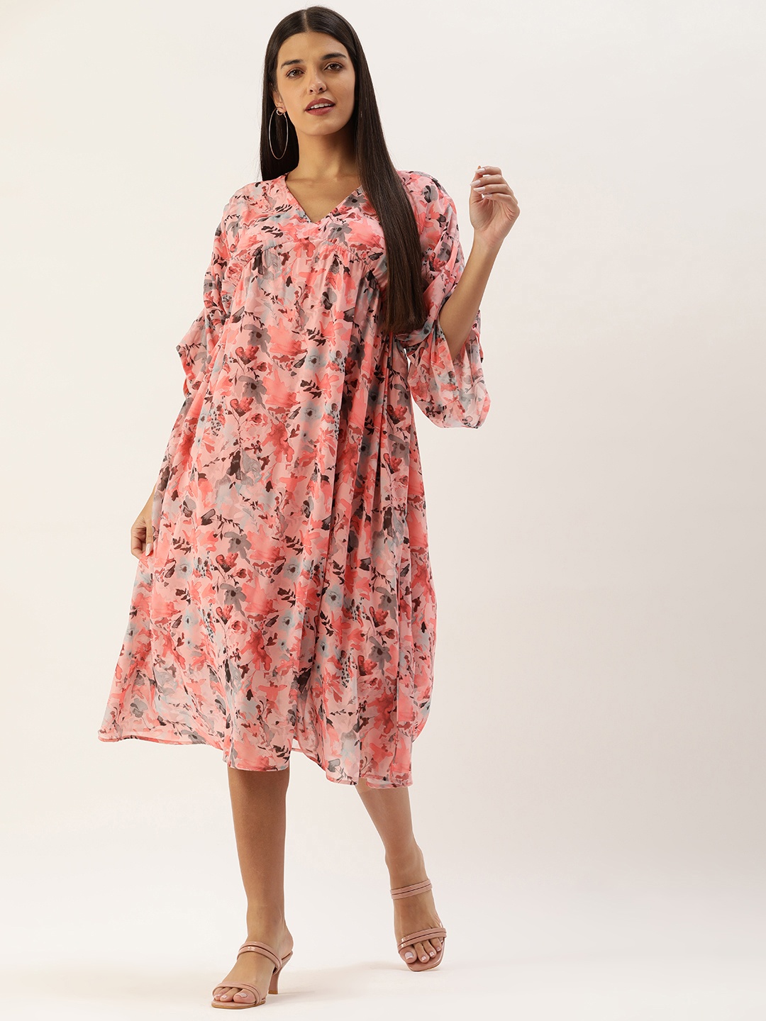 

MELOSO Peach-Coloured & Grey Floral Georgette A-Line Midi Dress