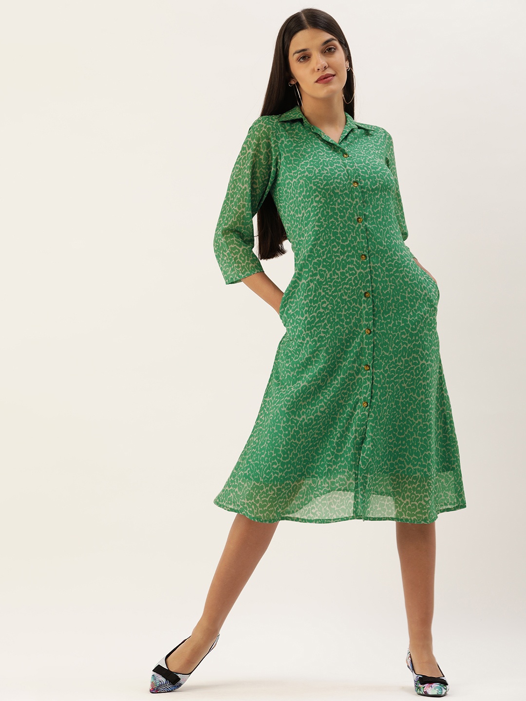 

MELOSO Green & Grey Animal Georgette A-Line Maxi Dress