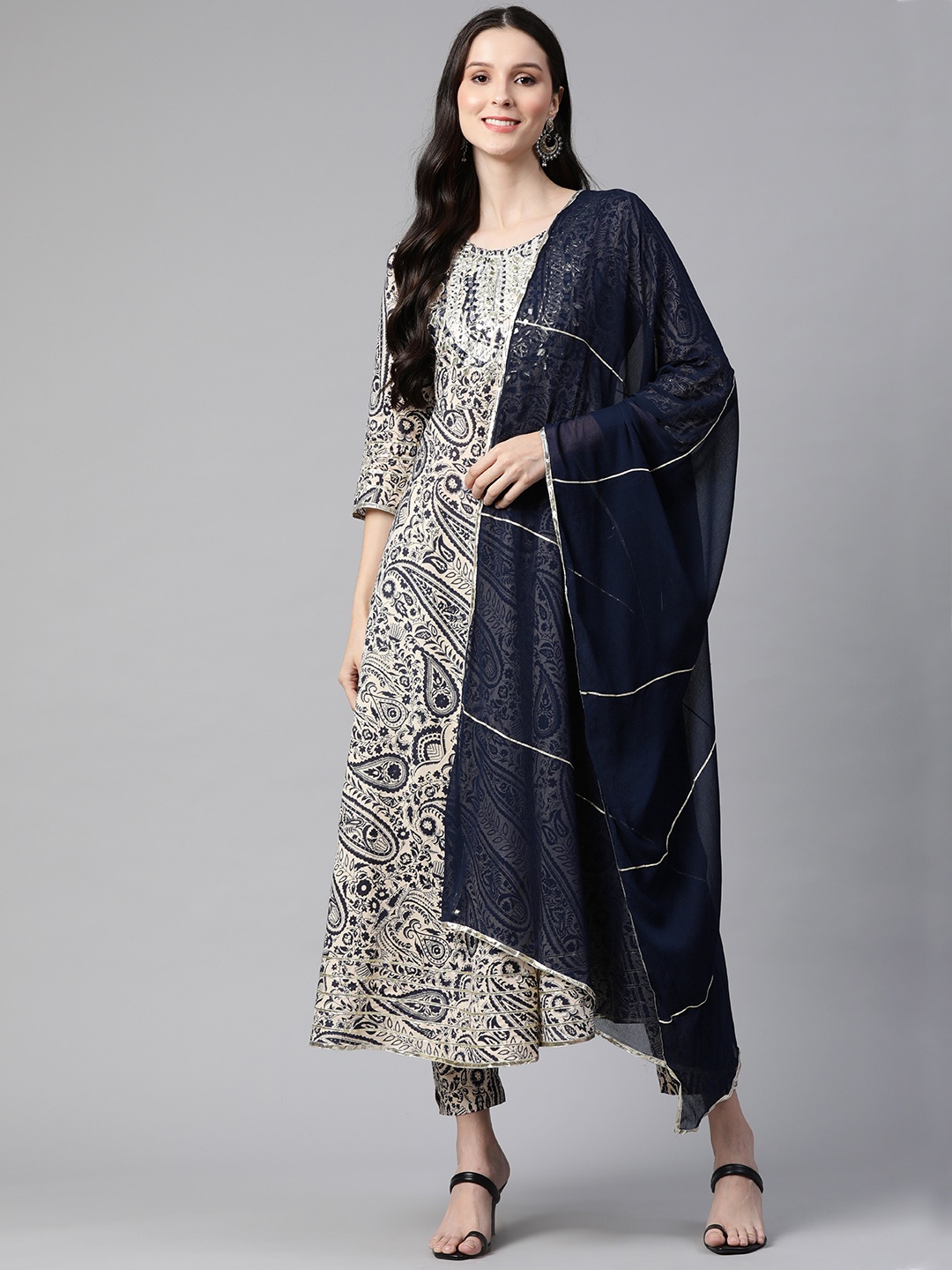 

Divena Women Beige Ethnic Motifs Printed Gotta Patti Pure Cotton Kurta with Trousers & With Dupatta