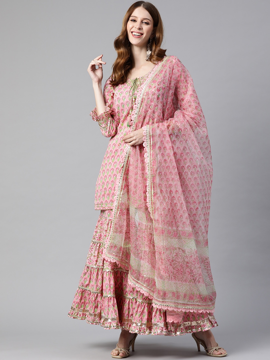 

Divena Women Pink Ethnic Motifs Printed Gotta Patti Pure Cotton Kurta with Sharara & With Dupatta