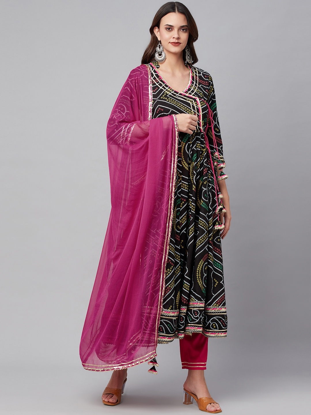 

Divena Women Black Bandhani Printed Angrakha Gotta Patti Pure Cotton Kurta with Trousers & With Dupatta