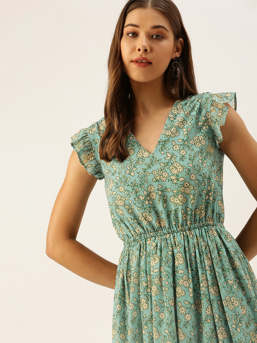 

MELOSO Green & Yellow Floral Printed Georgette A-Line Maxi Dress