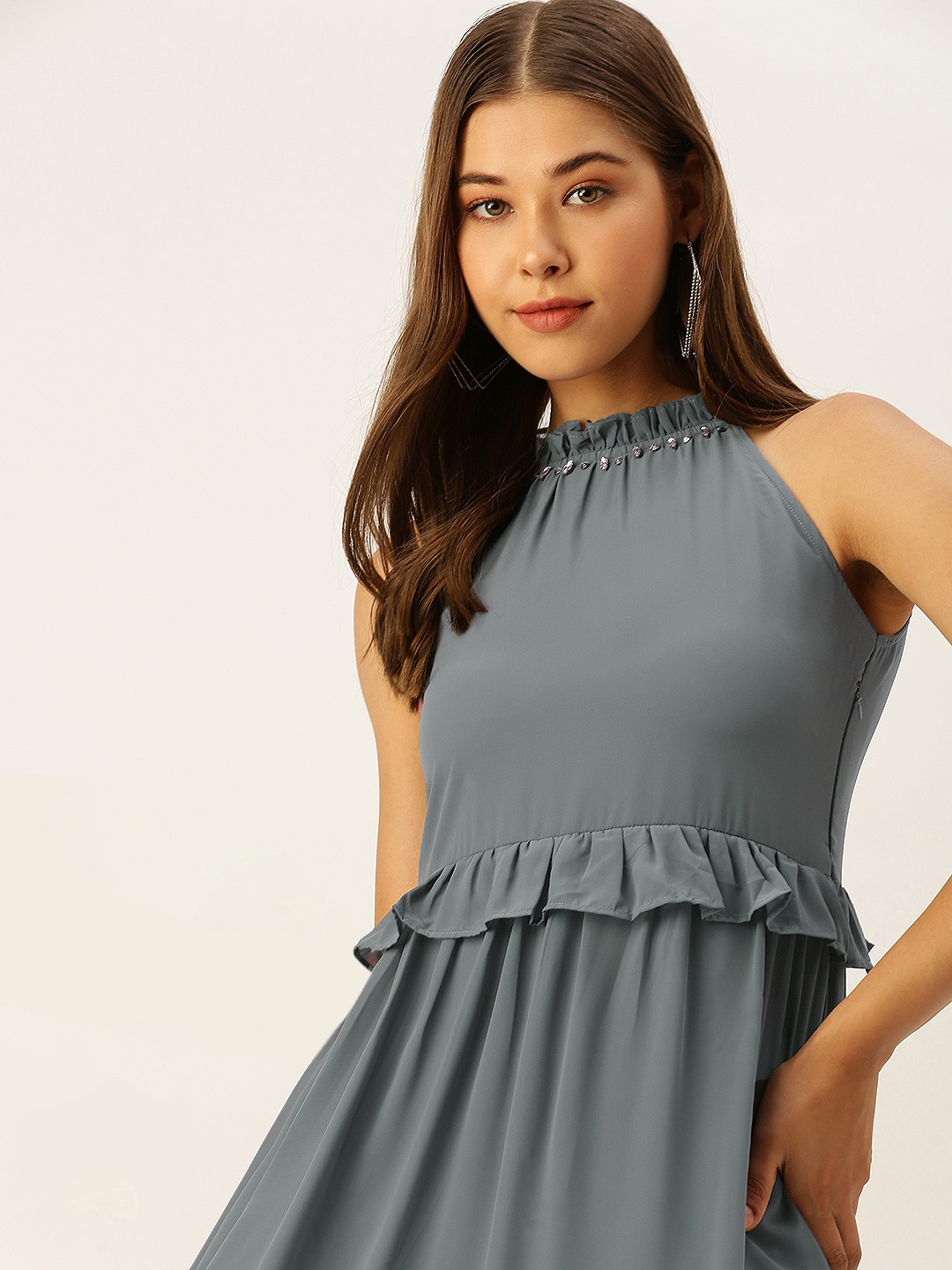 

MELOSO Charcoal Grey Solid Georgette A-Line Maxi Dress