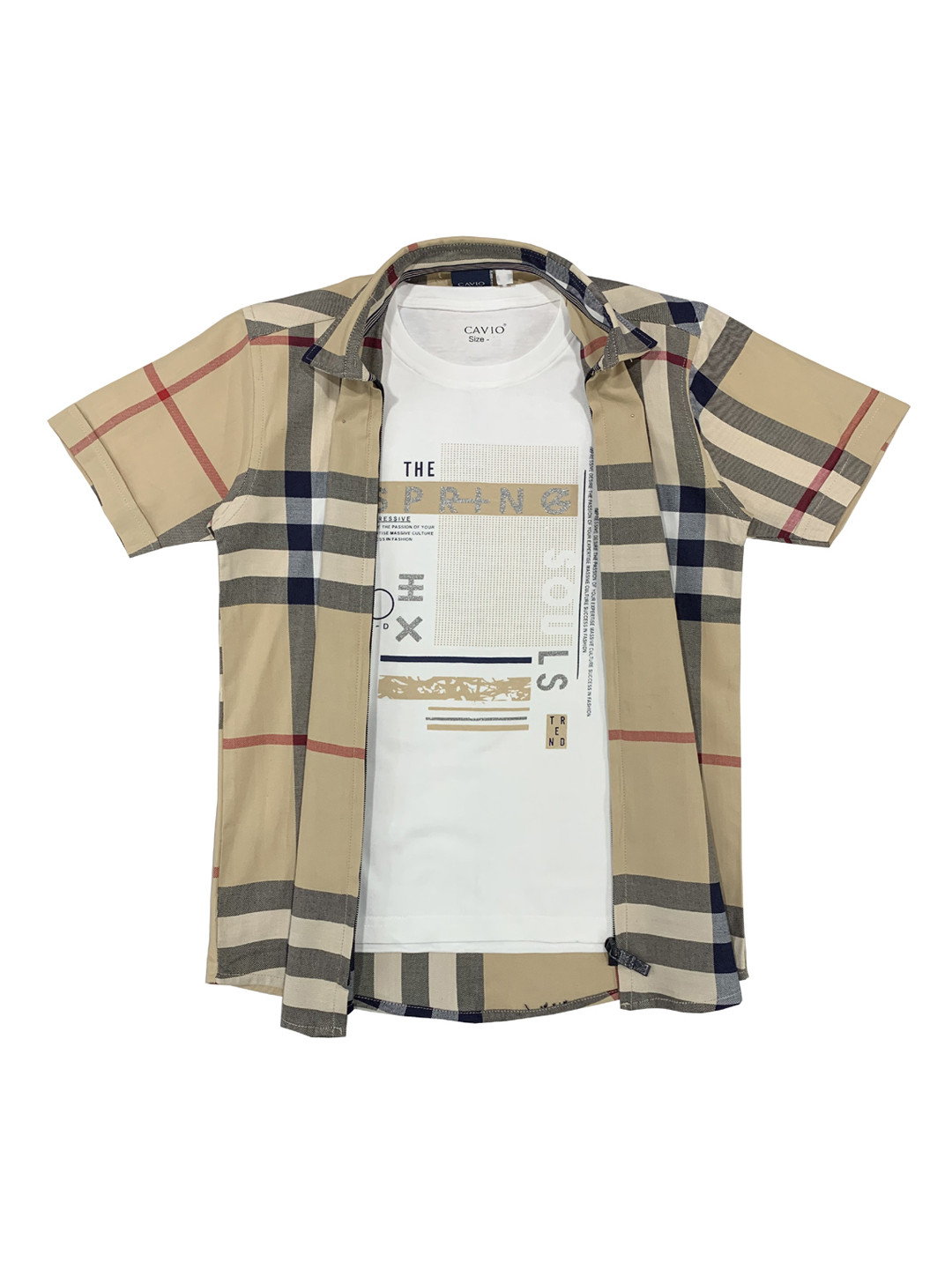 

CAVIO Boys Checked Casual Shirt & T-Shirt, Beige