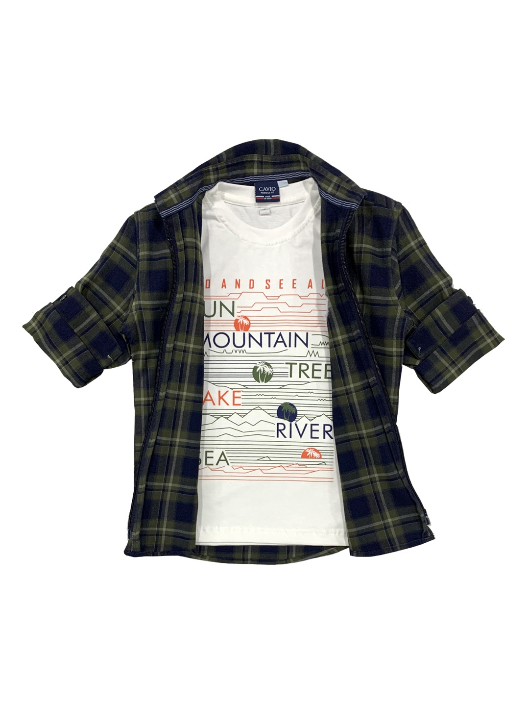 

CAVIO Boys Green Checked Casual Shirt & T-Shirt