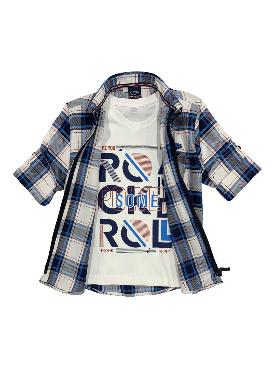 

CAVIO Boys Checked Casual Shirt & T-Shirt, White
