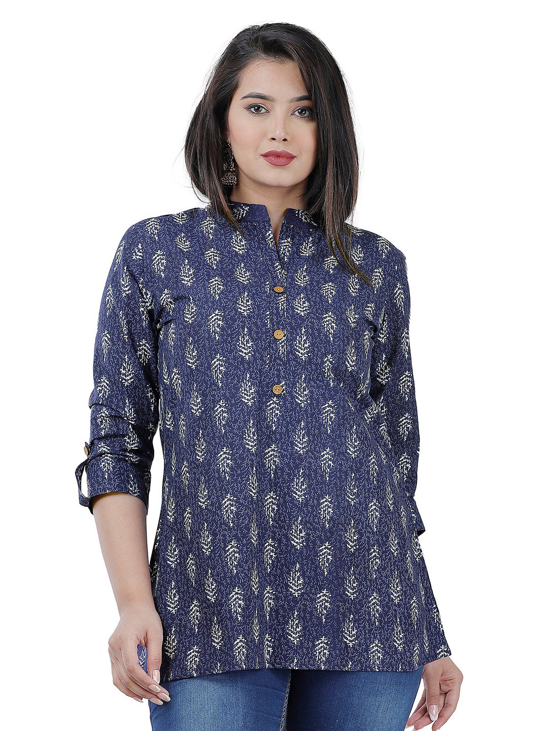 

FABISTA Blue Print Mandarin Collar Top