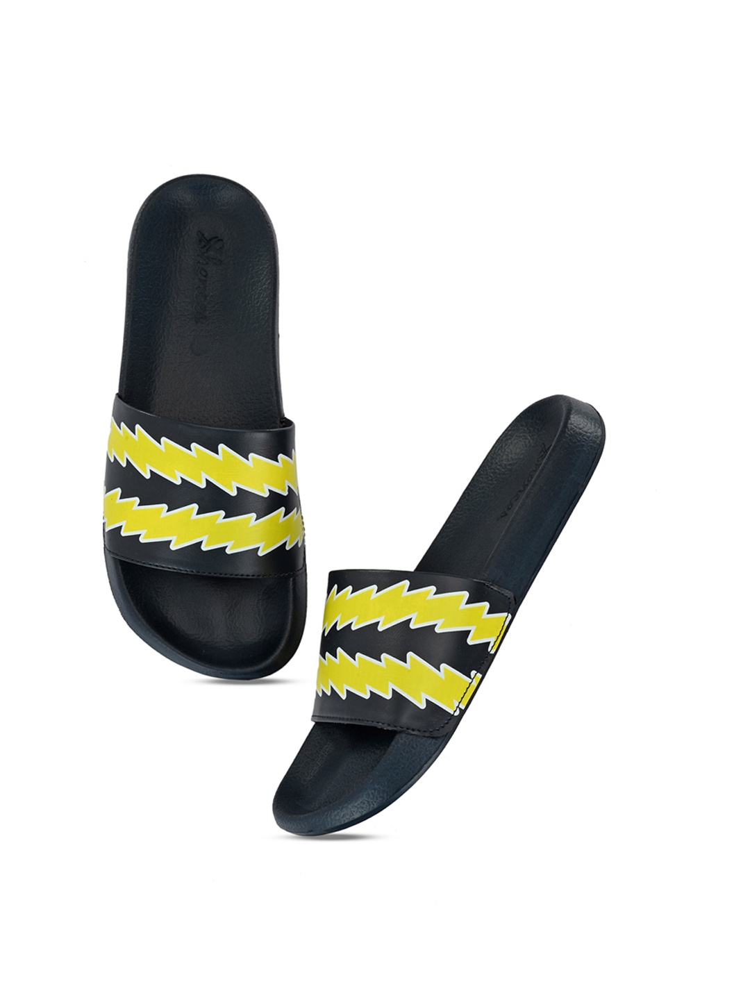 

SHENCES Men Navy Blue & White Printed Sliders