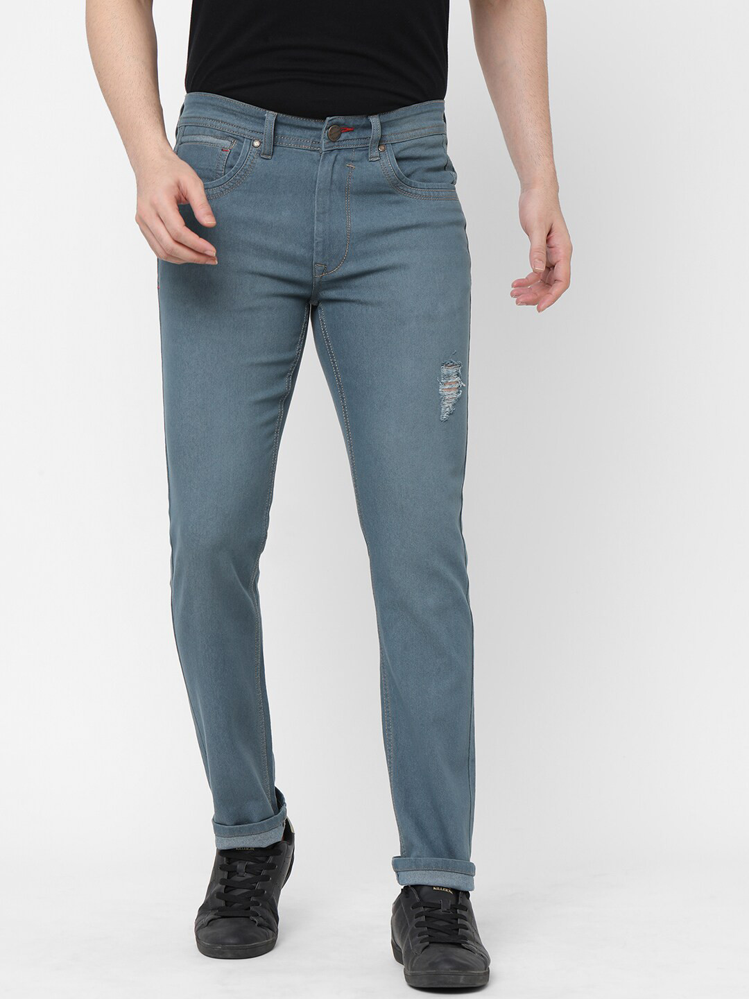 

Solemio Men Blue Body Slim Fit Low Distress Light Fade Stretchable Jeans