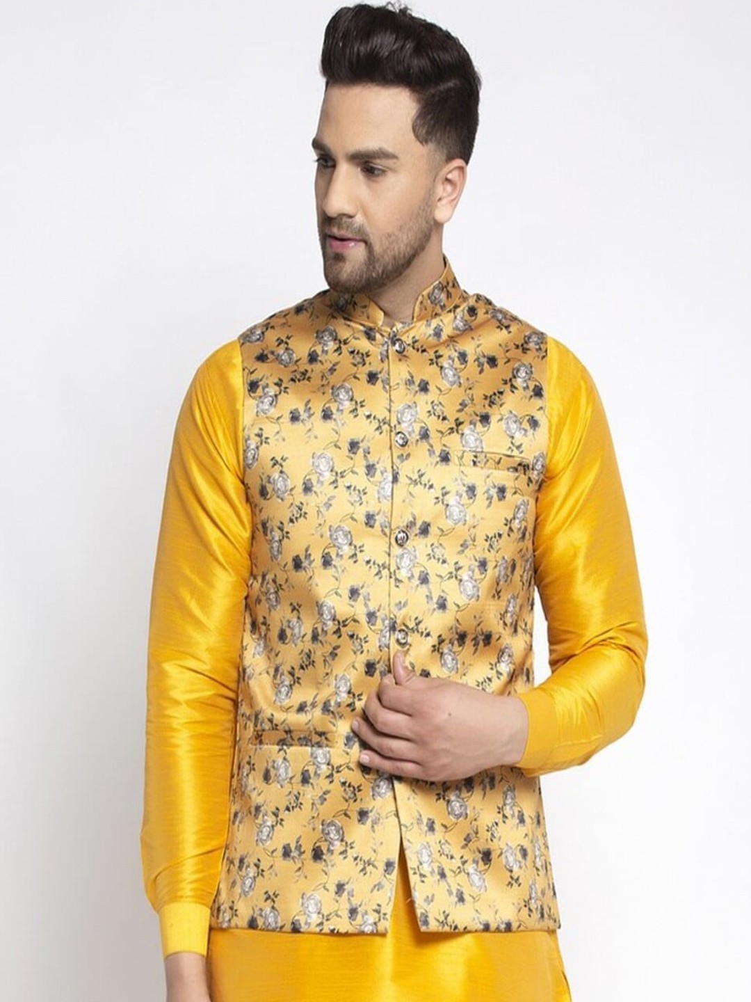 

Kaifoo Men Yellow & Grey Floral Printed Woven Design Nehru Jacket, Multi