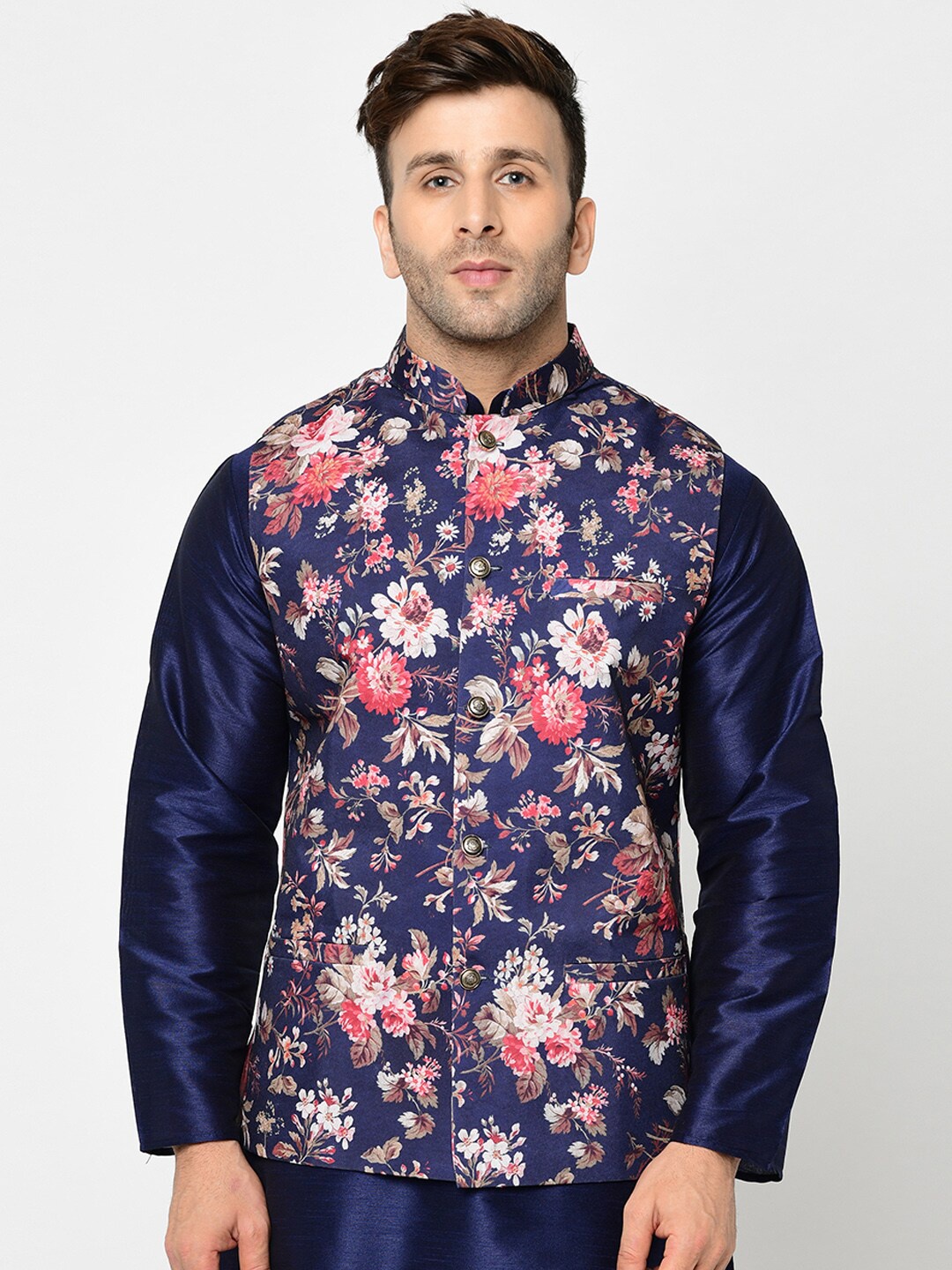 

Kaifoo Men Blue Printed Nehru Jackets, Multi