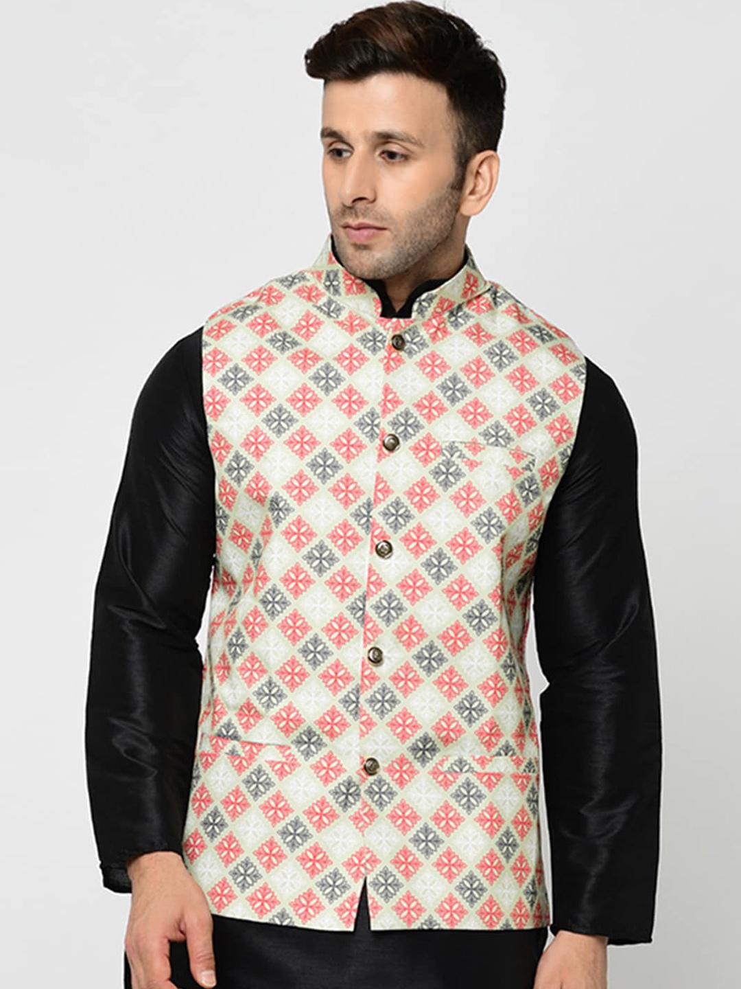 

Kaifoo Men Pink & Green Printed Woven Nehru Jackets