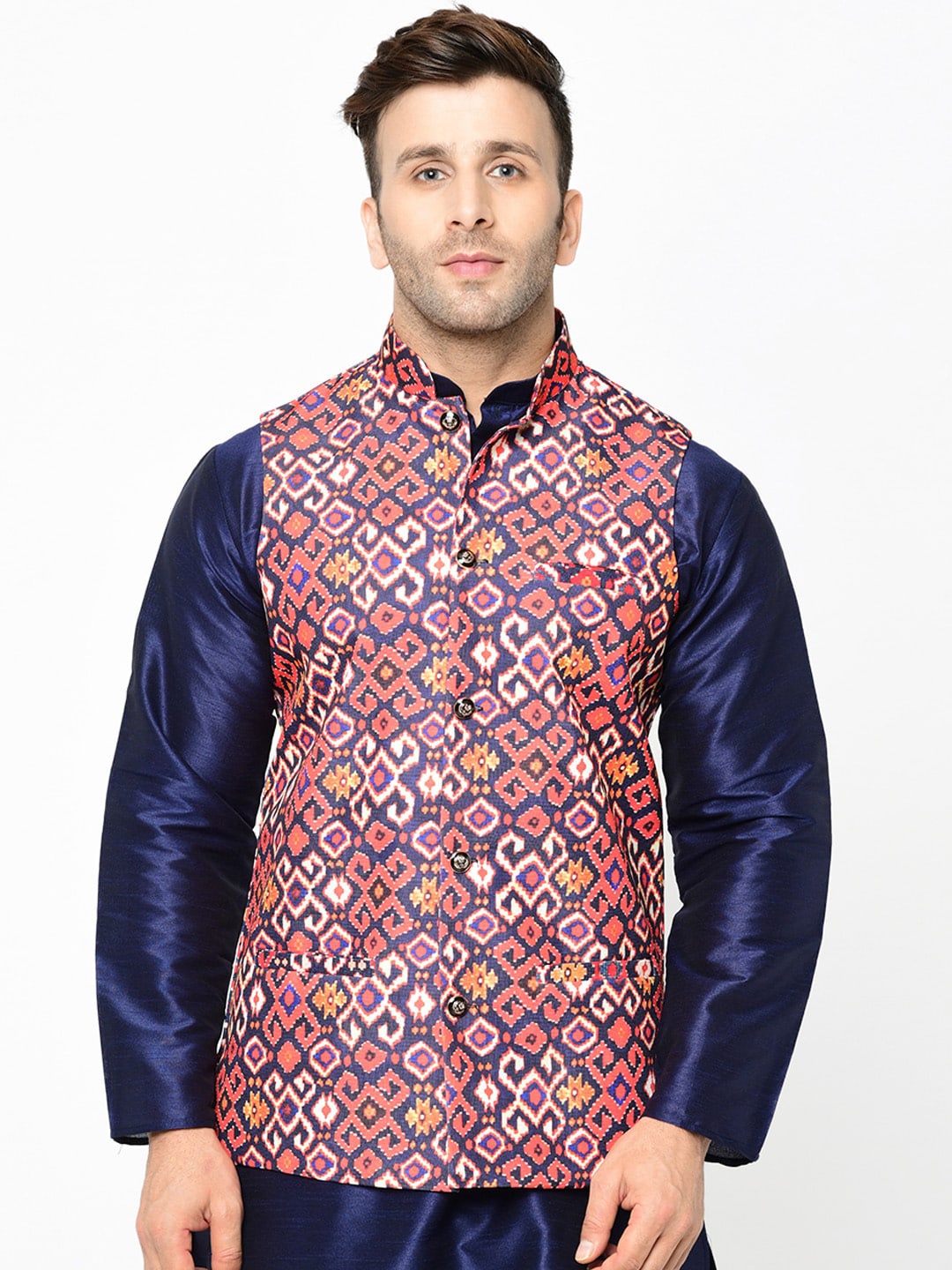 

Kaifoo Men Red & Blue Printed Woven Nehru Jackets