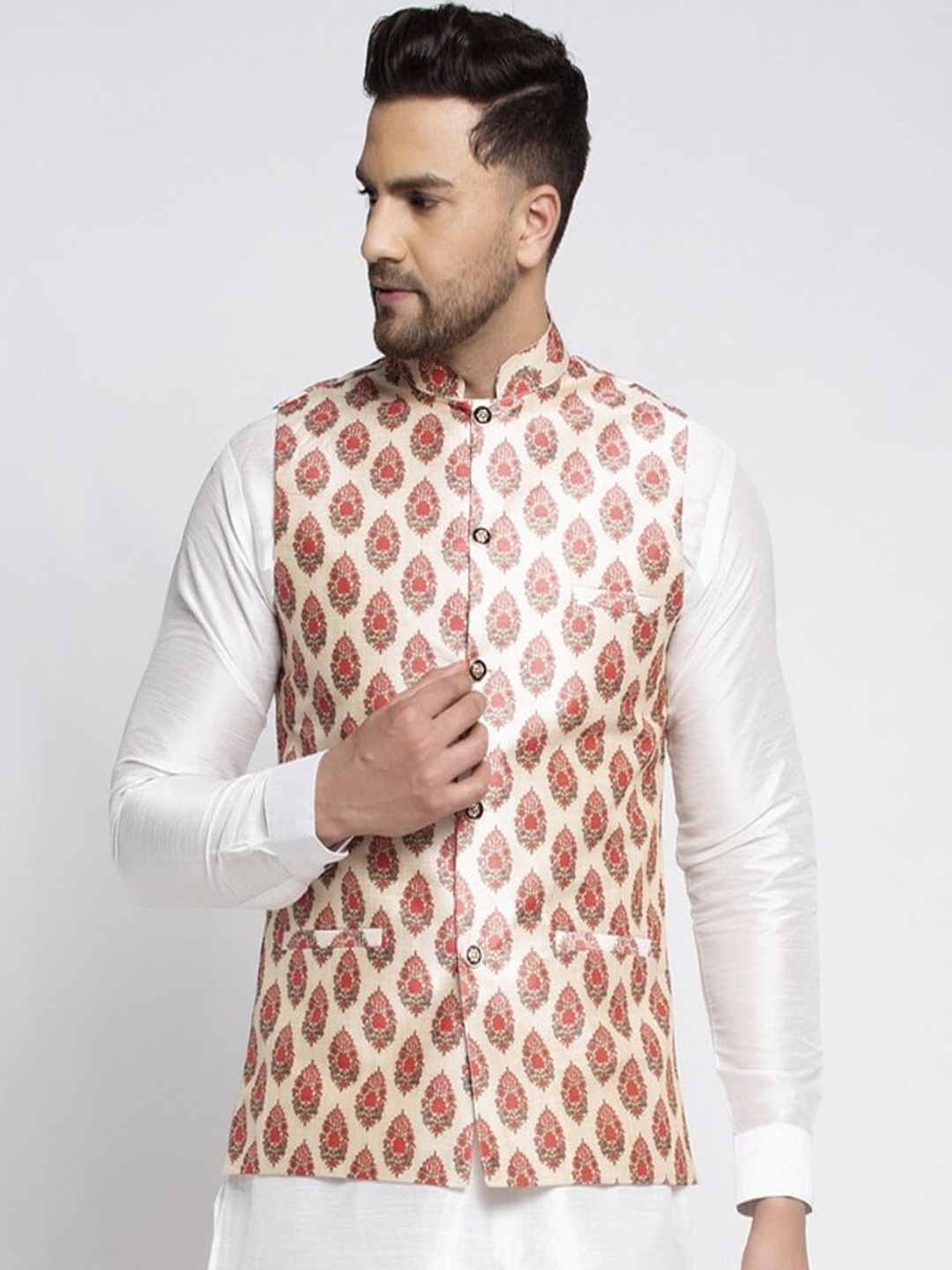 

Kaifoo Men Beige & Red Printed Woven Nehru Jacket