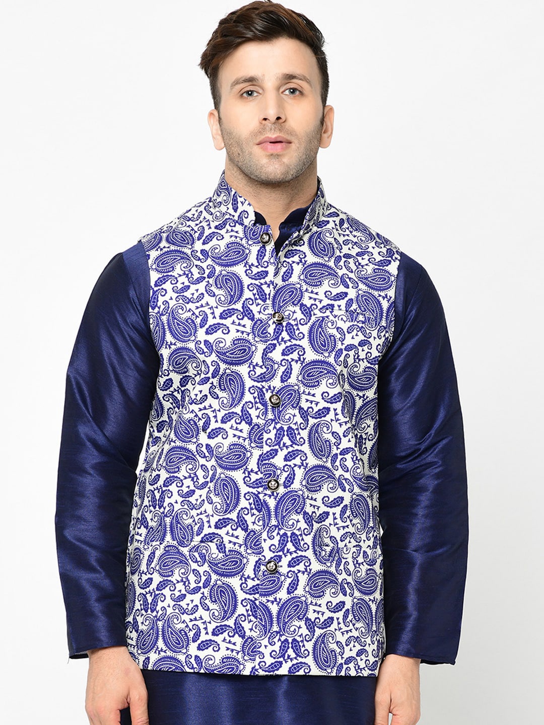 

Kaifoo Men White & Blue Printed Satin Silk Nehru Jackets