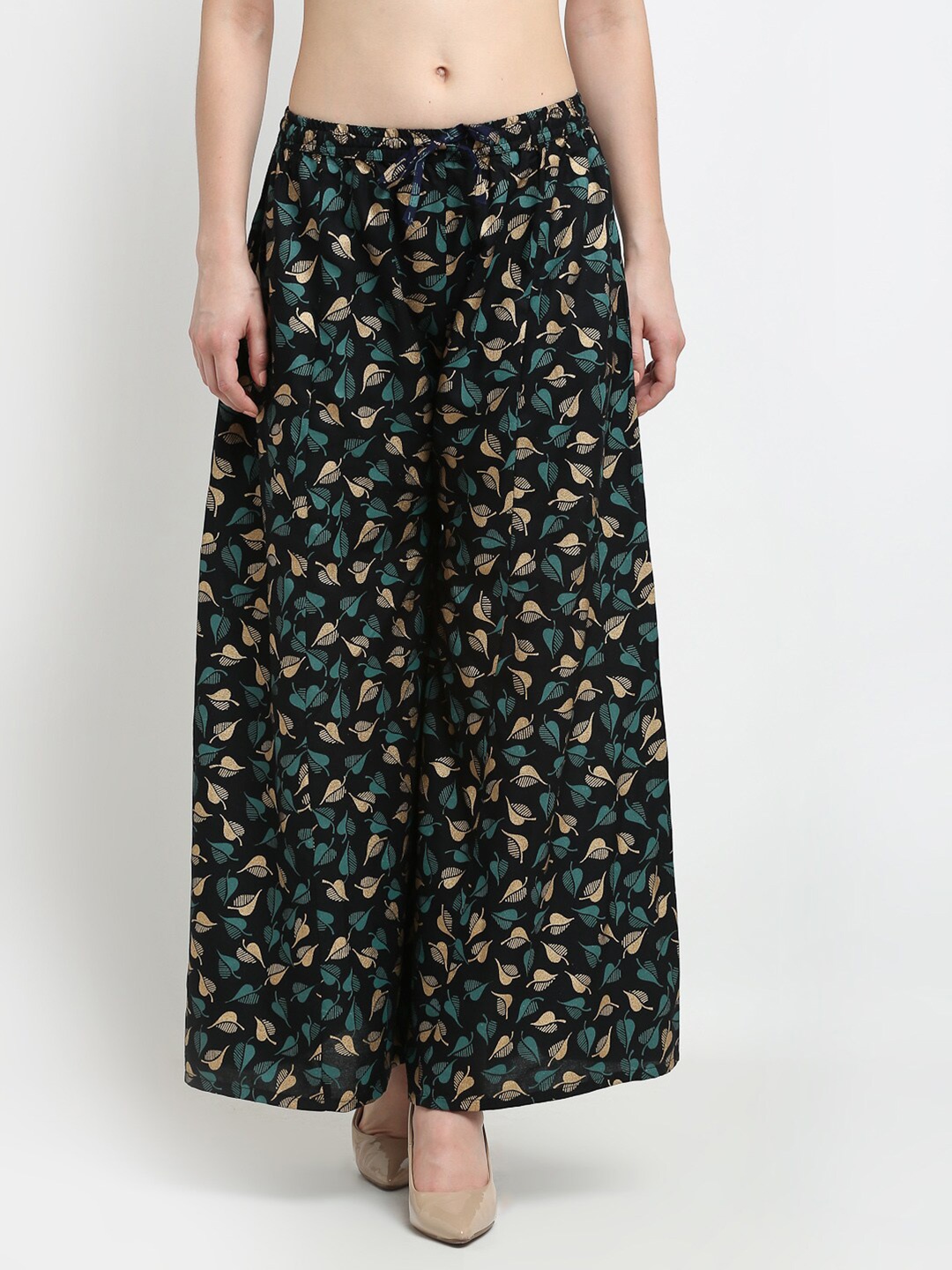 

Jinfo Women Black & Gold-Toned Printed Flared Knitted Ethnic Palazzos