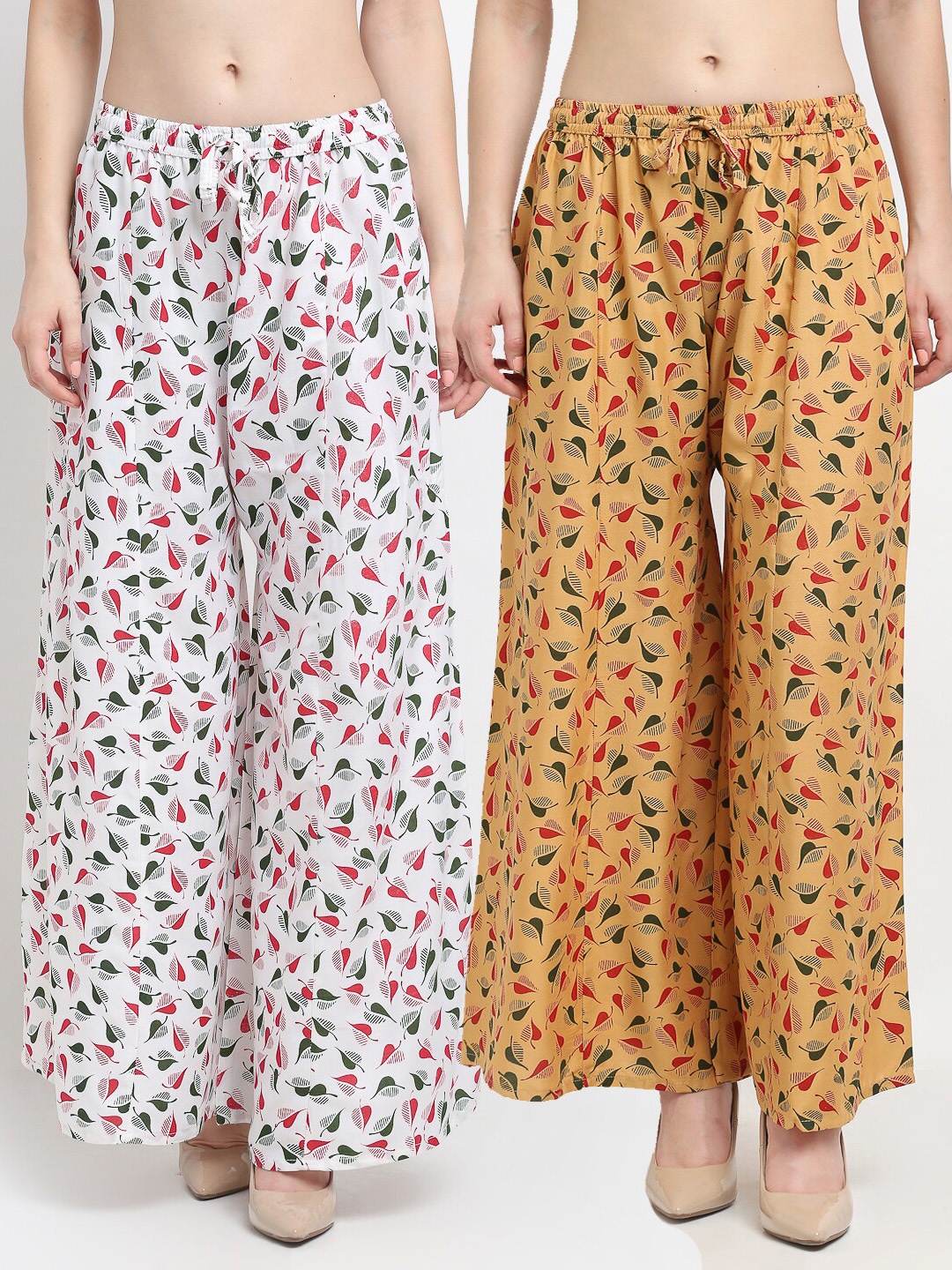 

Jinfo Women White & Beige Pack Of 2 Printed Flared Knitted Ethnic Palazzos