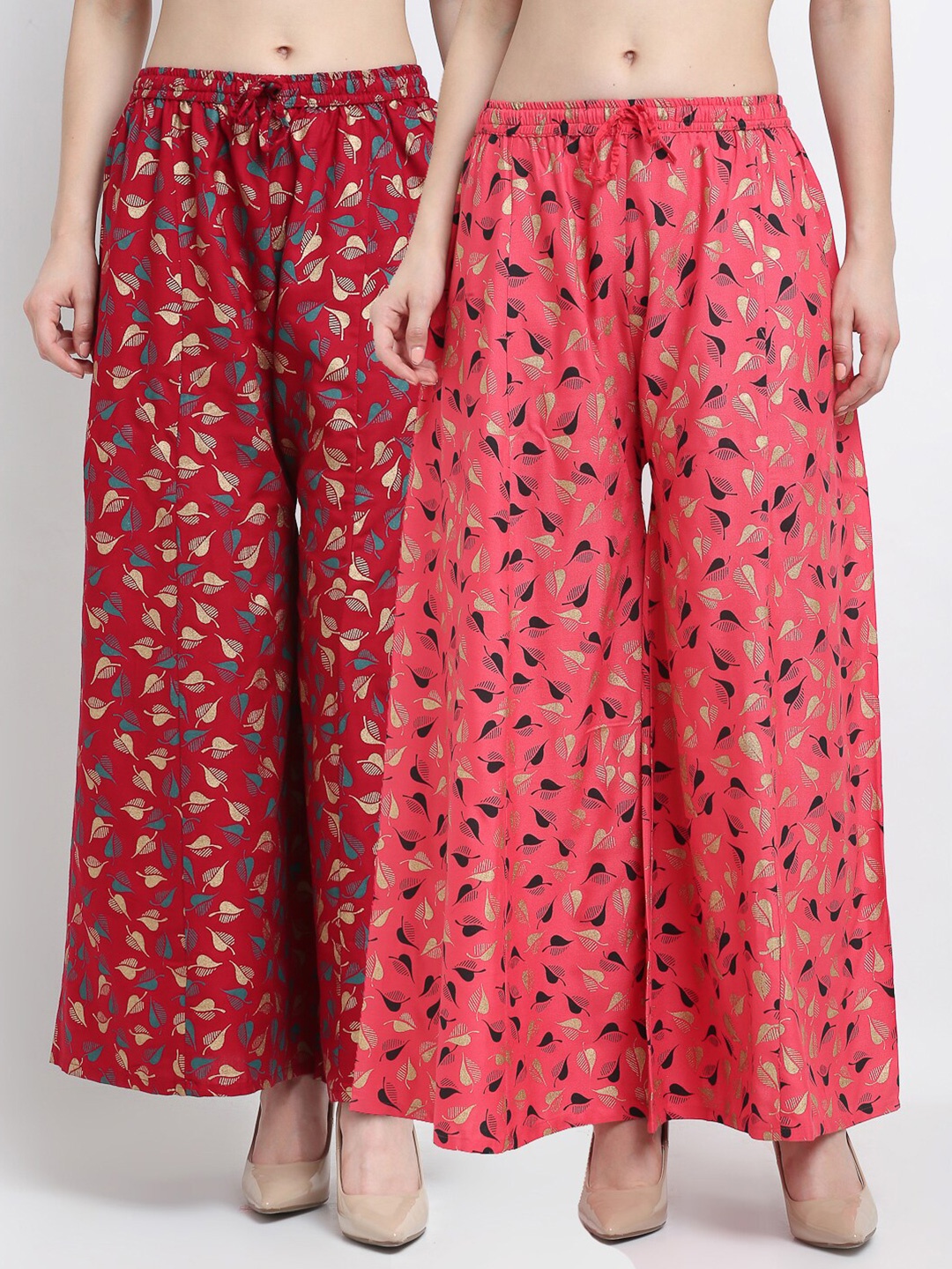 

Jinfo Women Maroon & Pink Pack Of 2 Floral Printed Flared Knitted Ethnic Palazzos