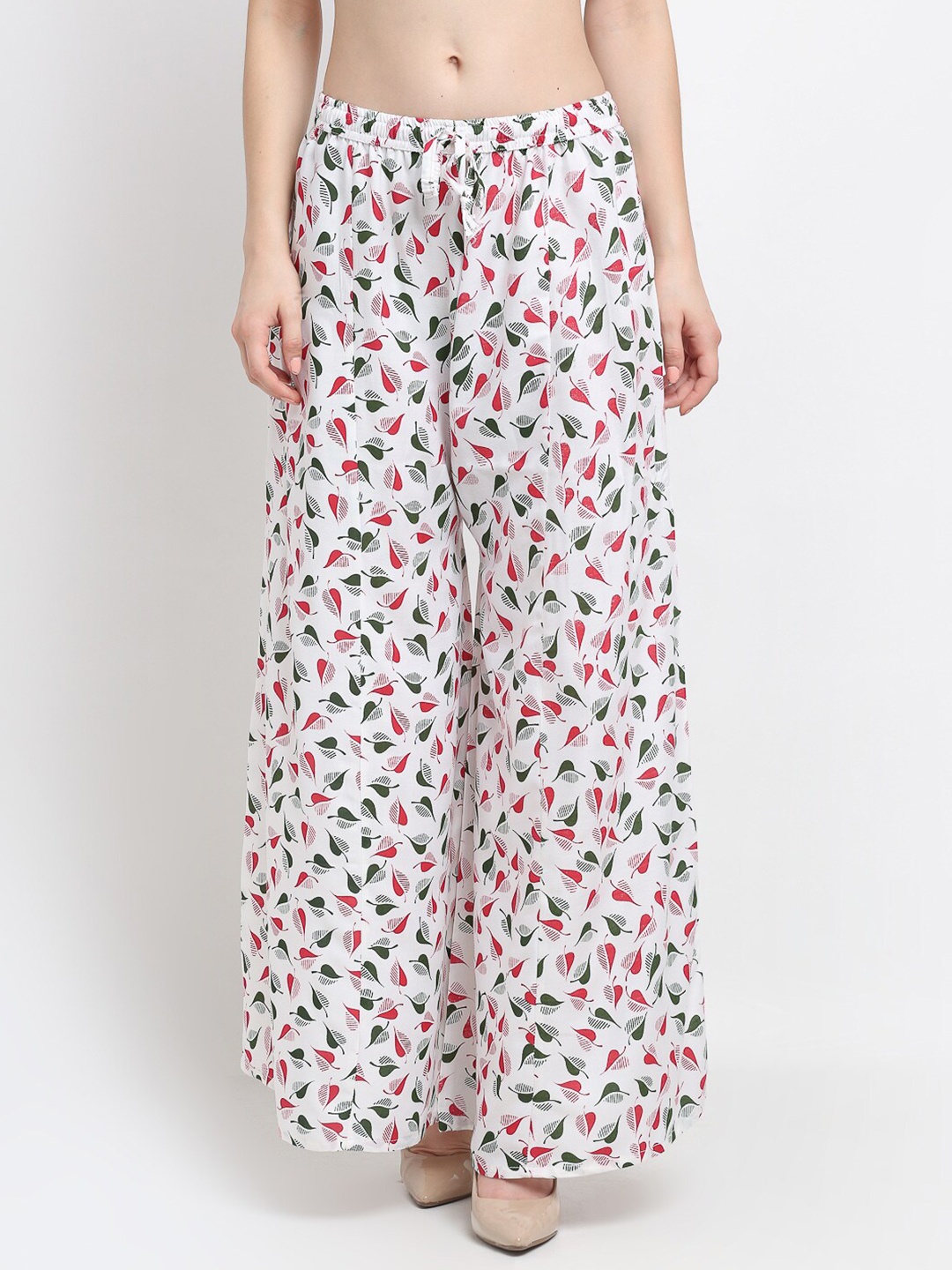 

Jinfo Women White & Green Printed Flared Knitted Ethnic Palazzos
