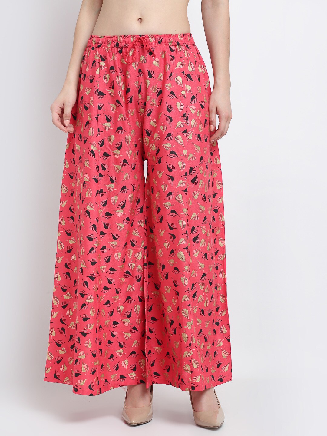 

Jinfo Women Pink & Black Printed Flared Knitted Ethnic Palazzos