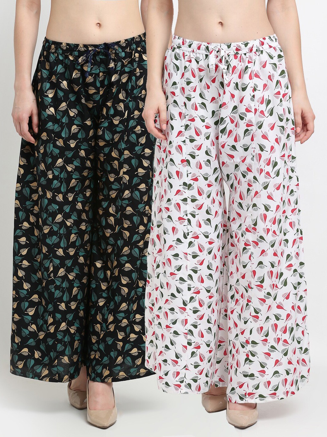 

Jinfo Women Set Of 2 Black & White Floral Printed Flared Ethnic Palazzos