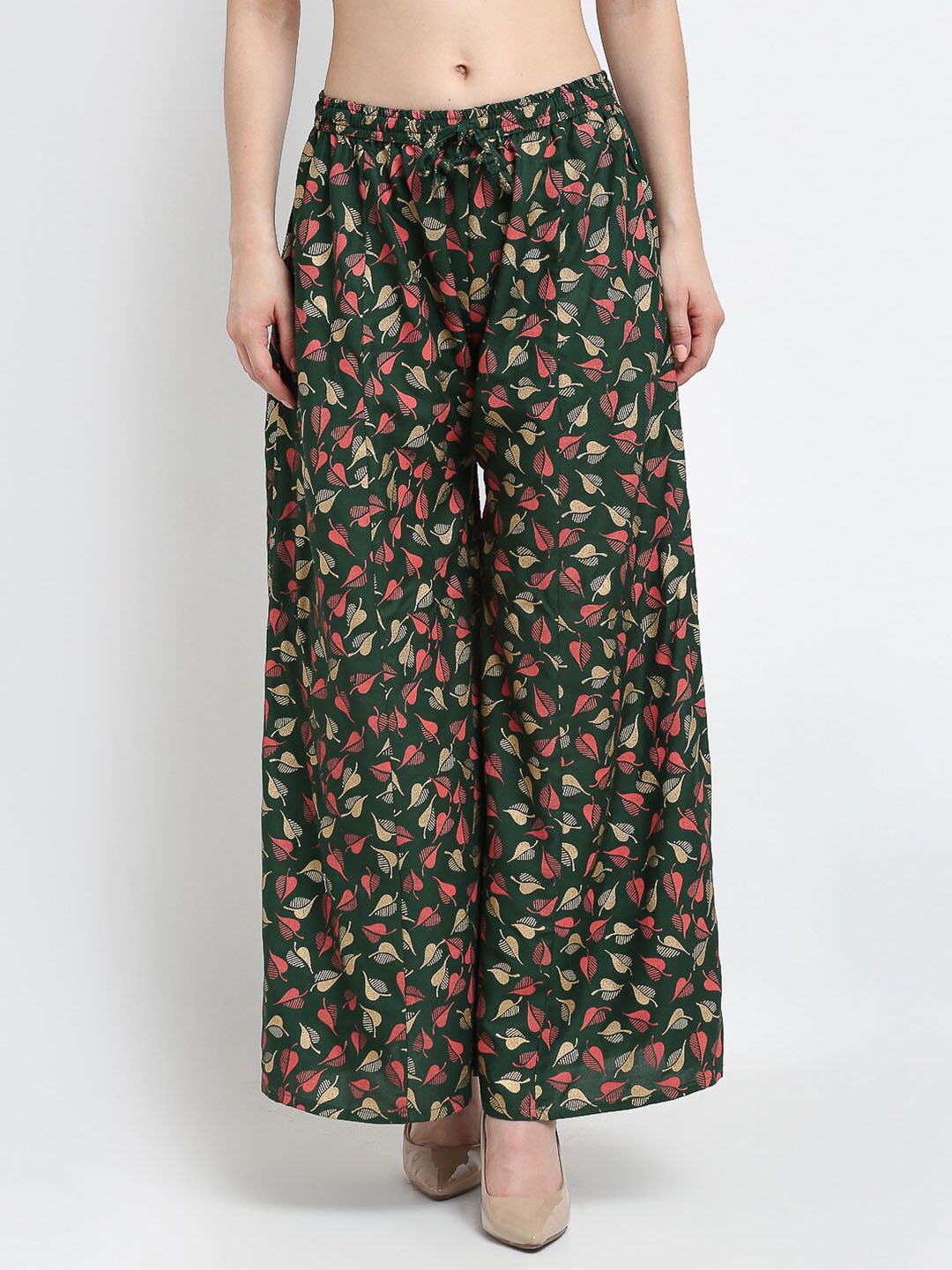 

Jinfo Women Green & Pink Floral Printed Flared Knitted Ethnic Palazzos