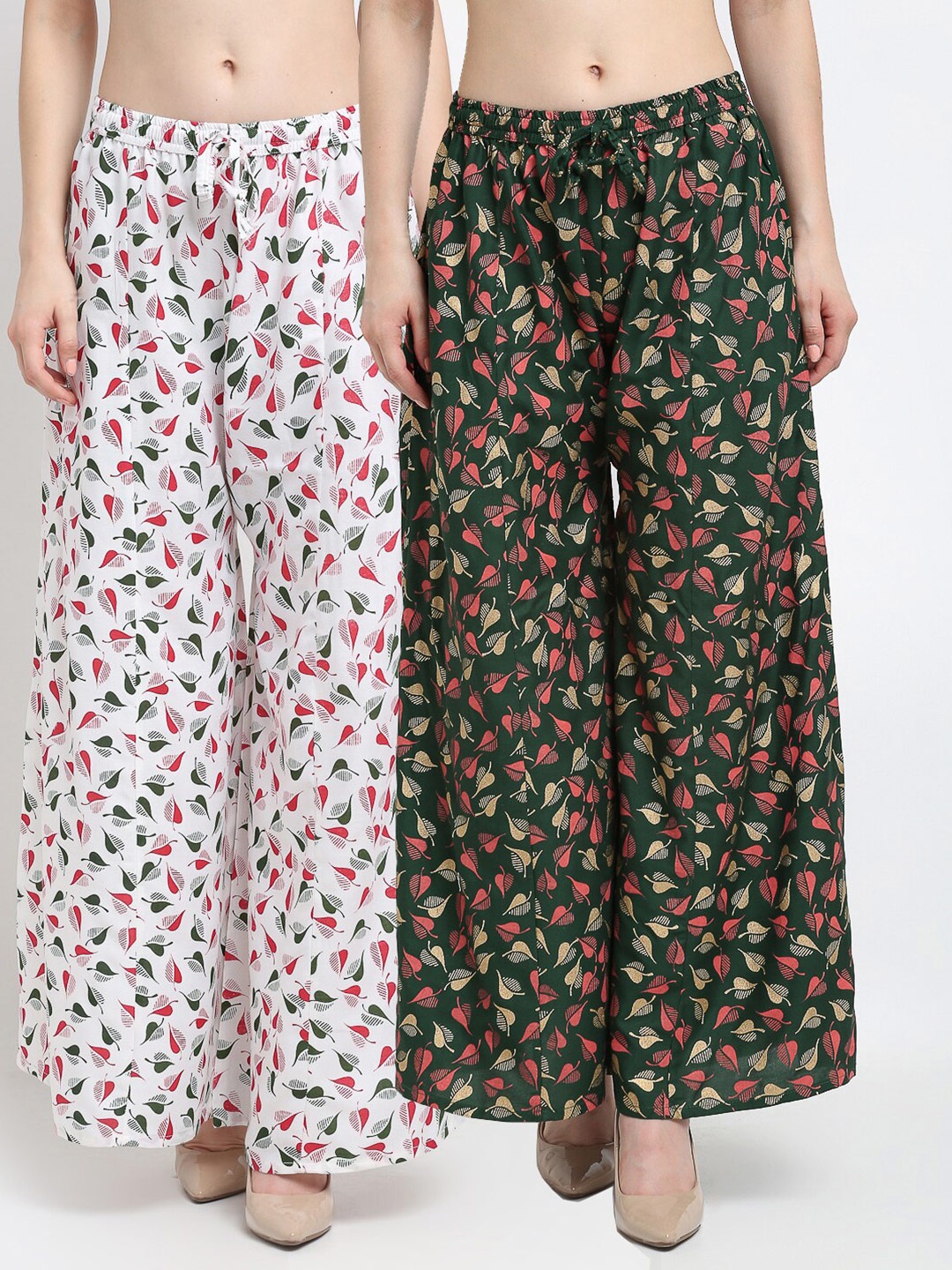 

Jinfo Pack of 2 Women White & Green Printed Flared Knitted Ethnic Palazzos