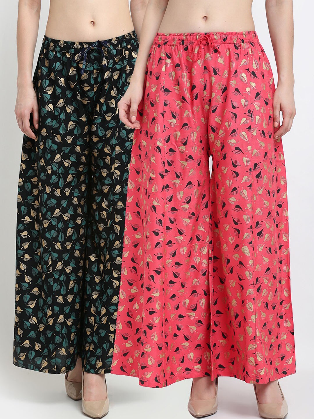 

Jinfo Women Pack of 2 Black & Pink Floral Printed Flared Knitted Ethnic Palazzos