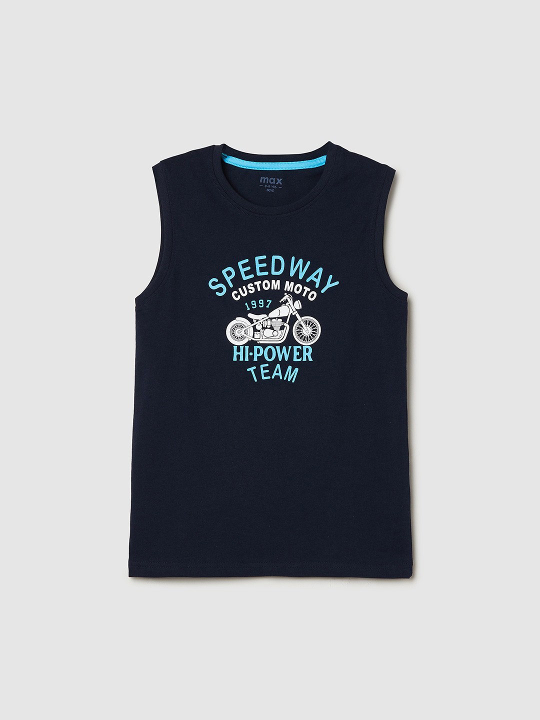 

max Boys Navy Blue Typography Printed Pure Cotton Applique T-shirt